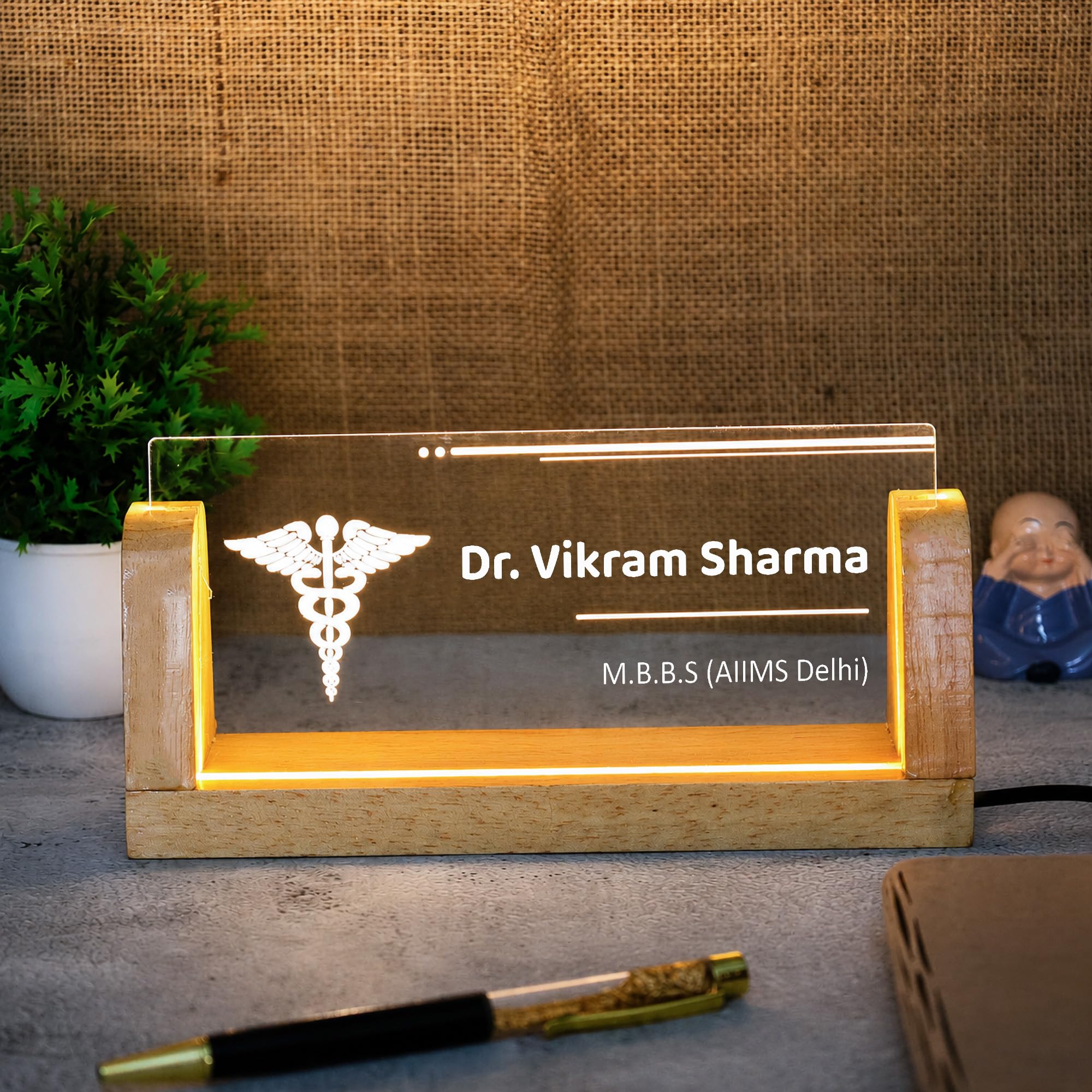 Deskart Customized LED Name Plate for Desk with Warm White LED Wooden Base and Adapter | Personalized Logo and Name Sign Desk Plate for Every Profession Office Table-image-17