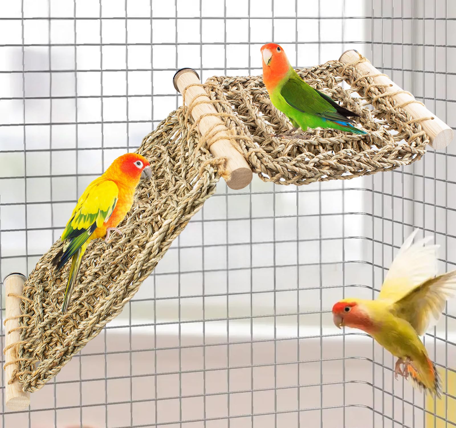 FlidRunest Bird Perch Platform Swing with Climbing Ladder, Parrot Chewable Natural Seagrass Woven Hammock, Parakeet Cage Accessories Playing Gyms Exercise Sturdy for Cockatiels, Lovebirds, Budgies