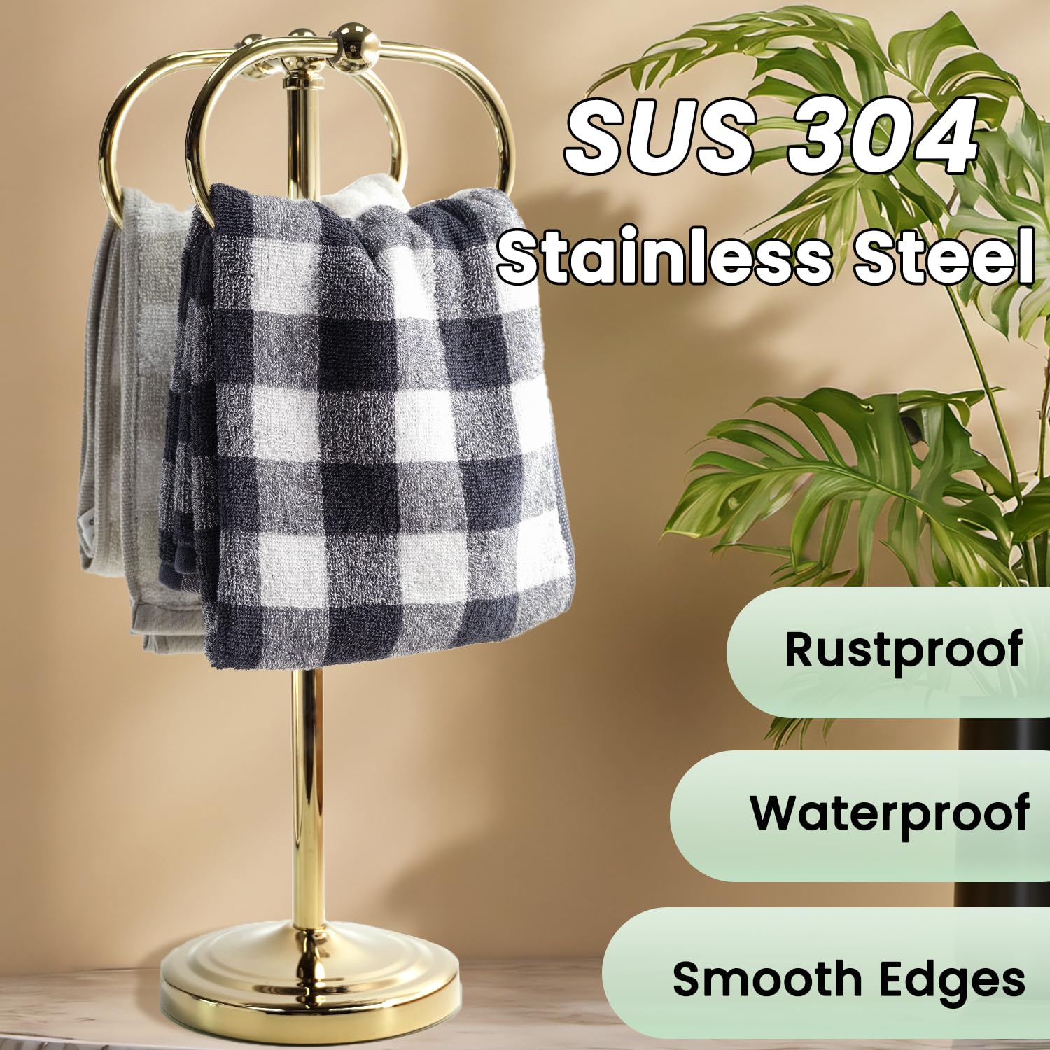 CALUCAB 304 Stainless Steel Free Standing Bathroom Towel Rack & Towel Ring - 16Inch Non-Slip Base Floor Standing Towel Holder with Double Oval Rings for Bathroom, Bathtub (Shine Gold)