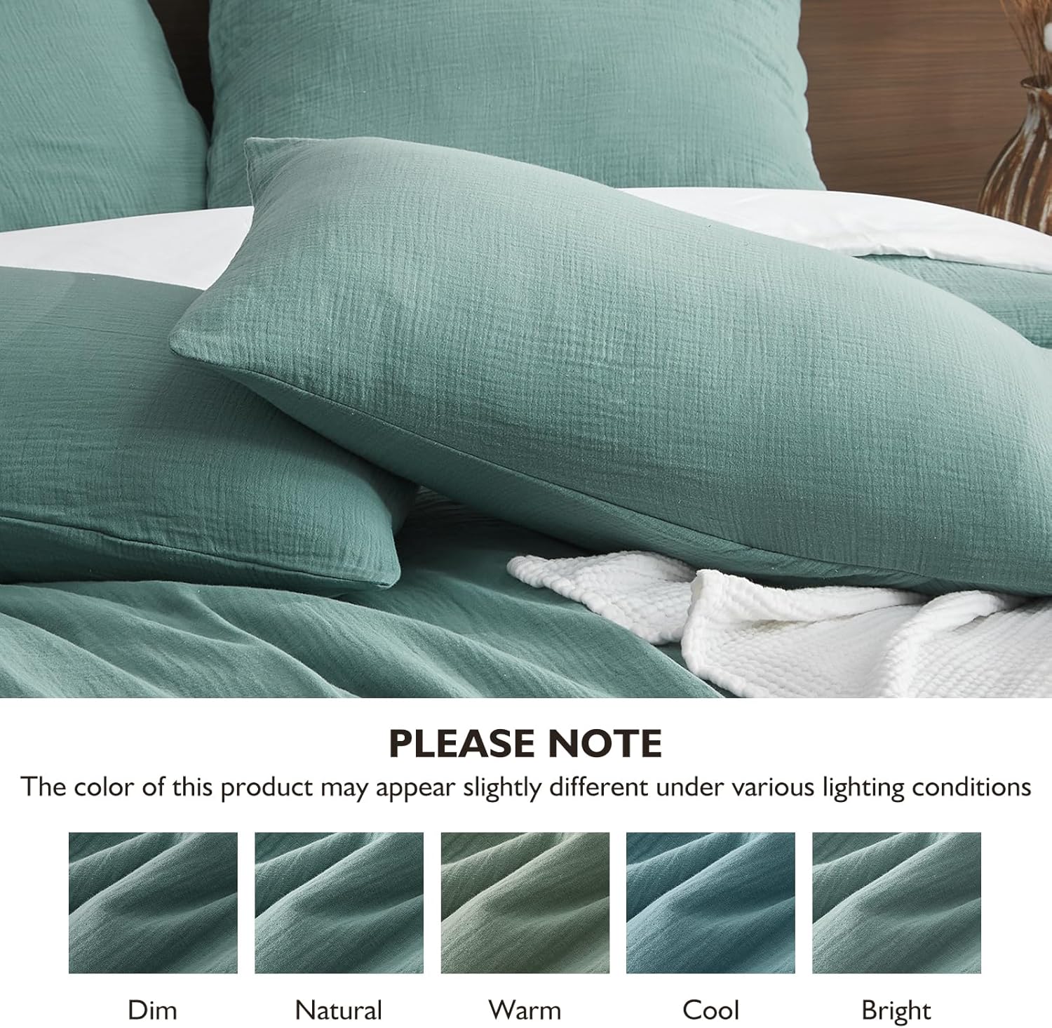 EMME Muslin Cotton Duvet Cover Set Teal King Size Linen Like Soft Breathable Lightweight Summer Comforter Cover Set with Zipper Closure (Teal, King, 104"x90") - Image 5