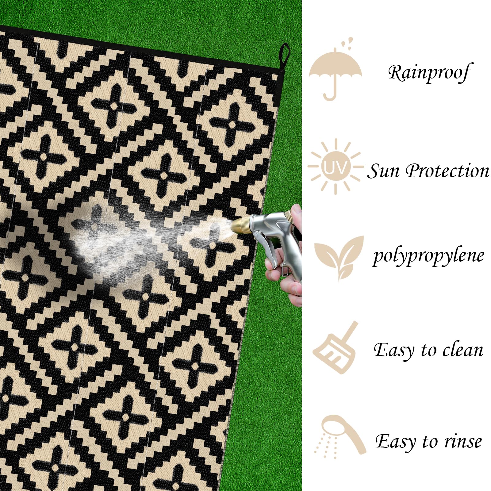 Alfombra de exterior geométrica de paja de plástico, protección UV, alfombra de terraza reversible, lavable, impermeable, para camping, jardín, para balcón, caravana, color negro y beige, 180