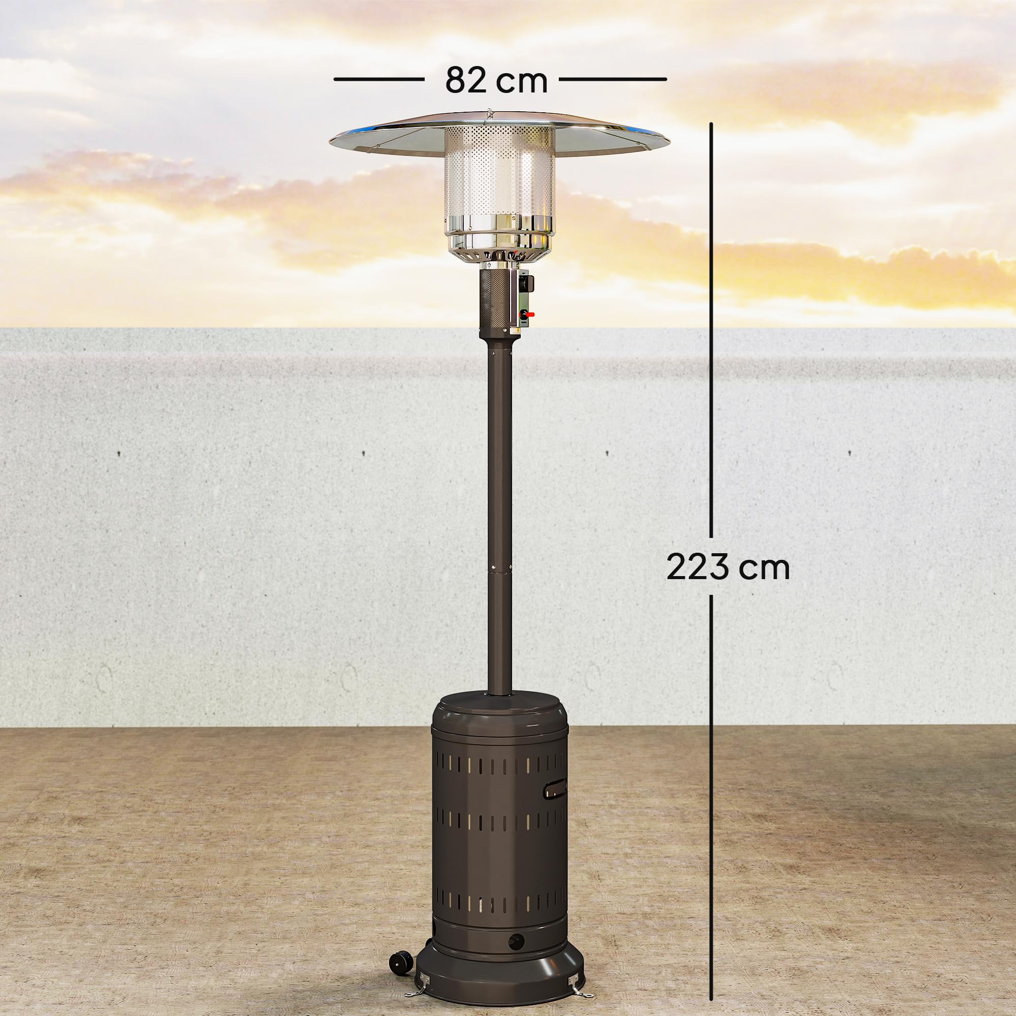 Outsunny Zewnętrzne ogrzewanie tarasowe, przenośny gazowy parasol grzewczy 11 KW, regulowany poziom ogrzewania, ochrona przed przewróceniem i kółkami, do ogrodu, powierzchnia grzewcza 7 m², kolor