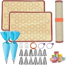Macaron Silicone Baking Mats(21Pcs), Nonstick 2 Half Sheet Baking Mat (42x 29.5cm/16.5’’ x11.6’’) for Macaron/Cookie/Bread/Cake Heat-Resistant Baking Supplies with Reusable Pastry Piping Bag Piping Tip
