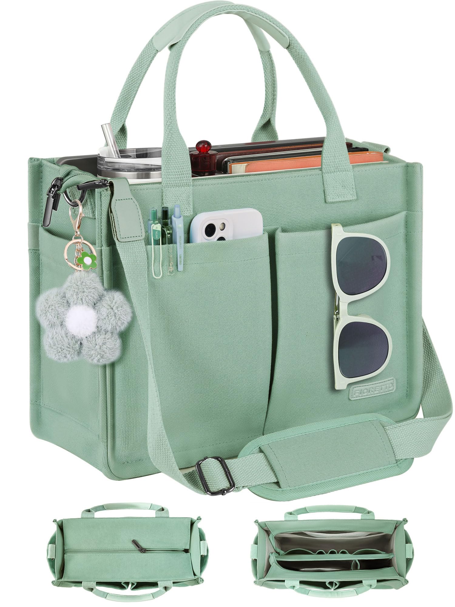 FIORETTO Women's Canvas Tote Bag with Zipper Top, Individual Compartments, Reinforced Bottom, Trolley Sleeve & Adjustable Strap, Doubles as a Crossbody Purse for Work, Travel & Bible, Mint Green M