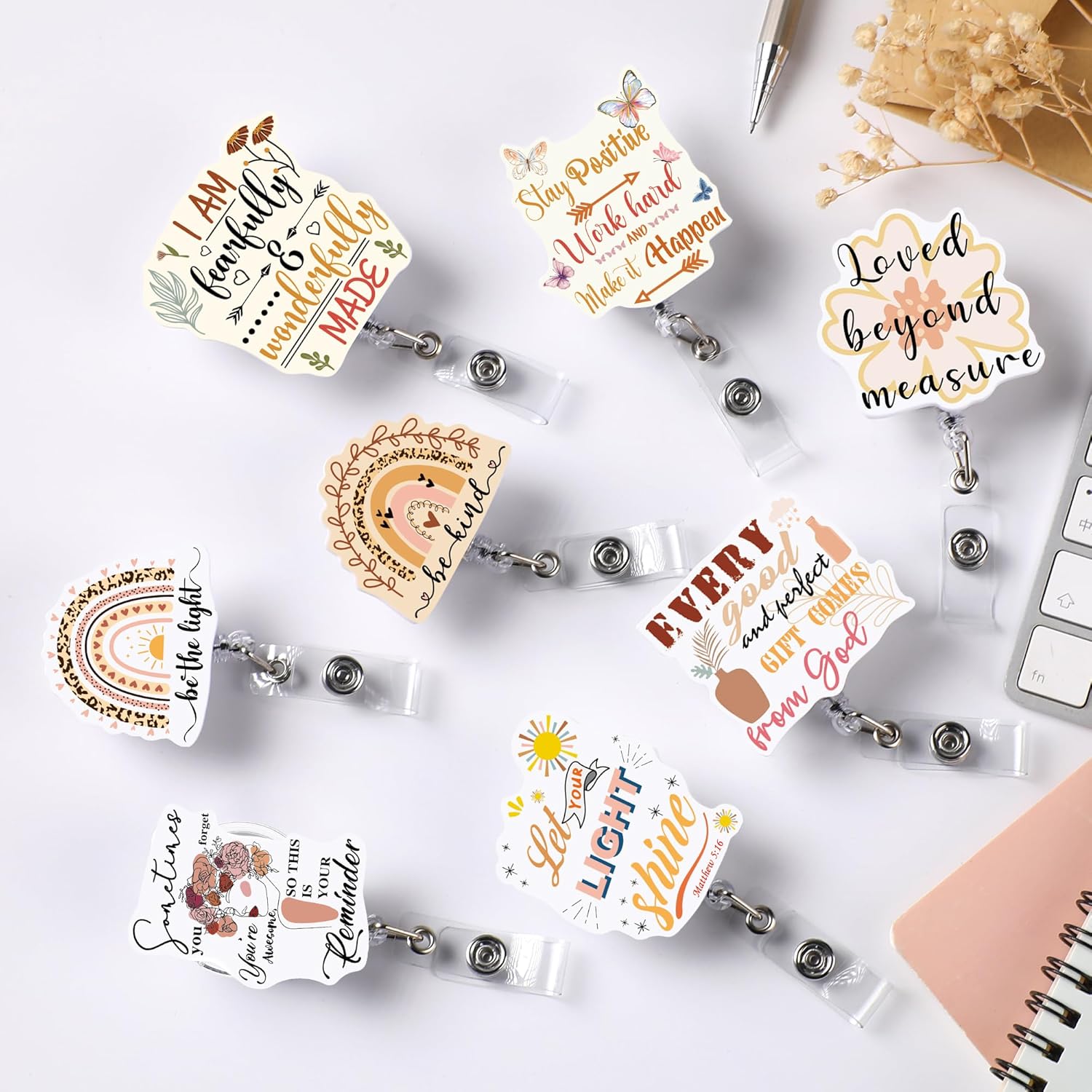 AFRITEE Inspirational Badge Reel Retractable - 8pcs Boho Rainbow Be Kind Let Your Light Shine Bible Verse Clips Id Card Protector Work Badge Holder Reels Alligator Swivel Clip for Nursing Student - Image 6