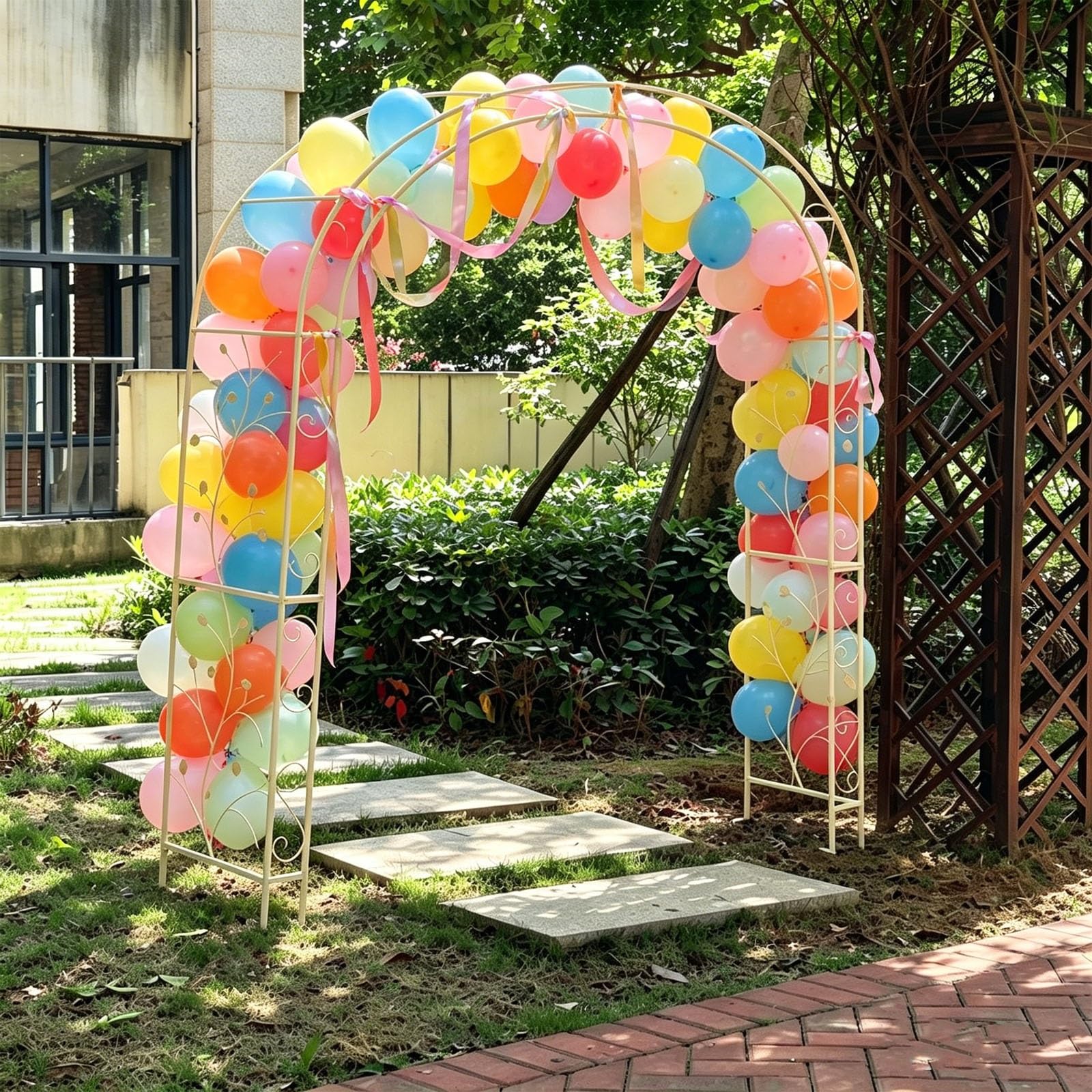 Metalowa Łukowa Pergola Ogrodowa Z Ławeczką I Kratką Na Pnącza – Idealna Dekoracja Na Śluby I Przyjęcia | White,150cm