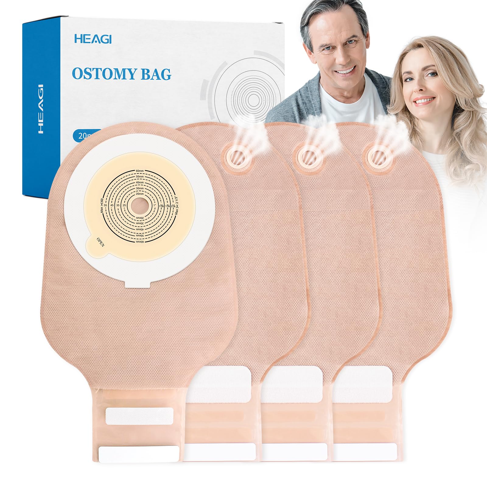 20 PCS Colostomy Bags, 15 Mm-60 Mm Cut to Fit Drainable Pouches with Closure for Ileostomy Stoma Care, One Piece Ostomy Bag, Ostomy Supplies, Equipped with Exhaust Valve Device, Easy to Exhaust