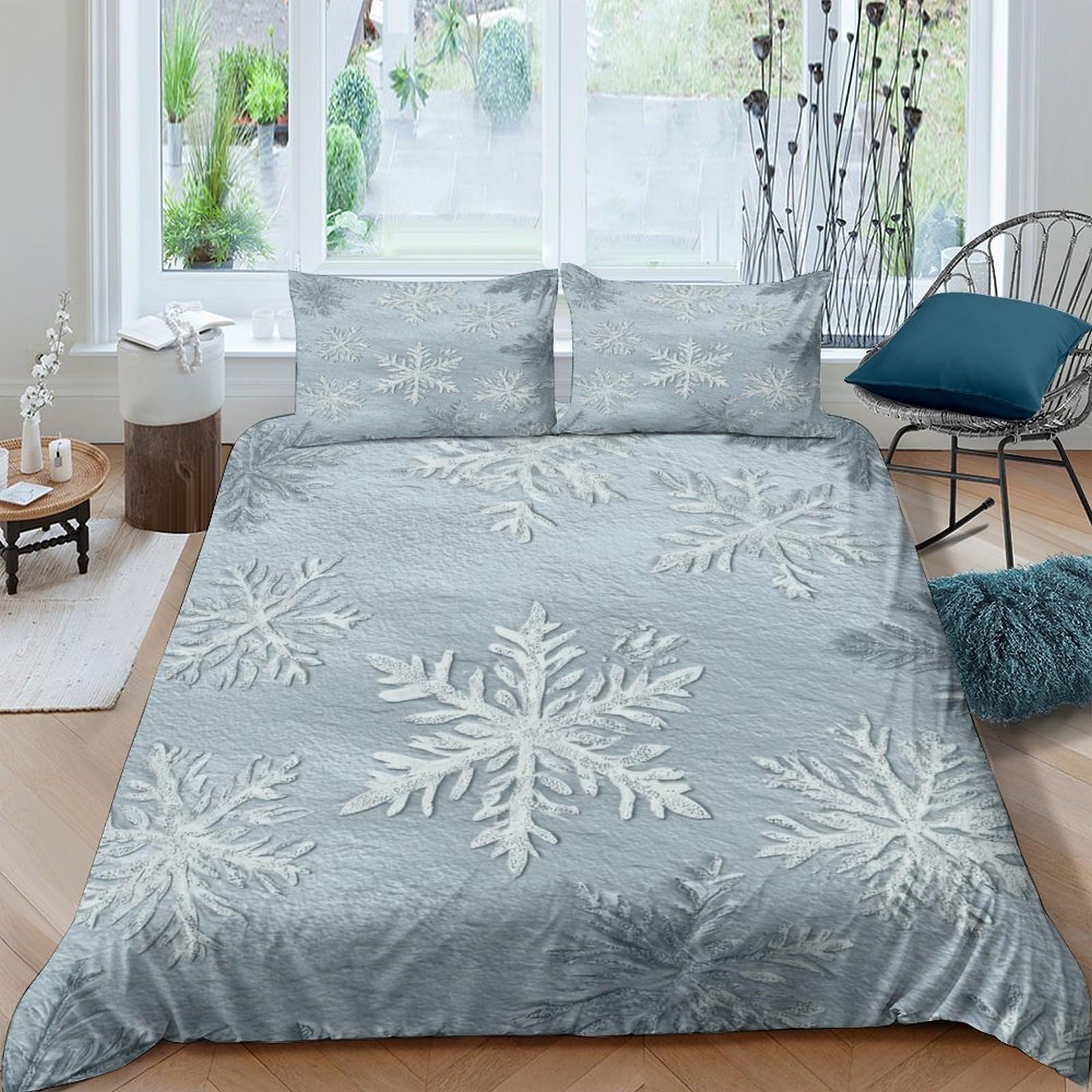 TUFRTGYHN 3D Printed Snowflake Pattern Duvet Cover Microfiber Soft Blue Winter Quilt Cover Set with 2 Pillowcases for Bedroom Home Single（135x200cm）