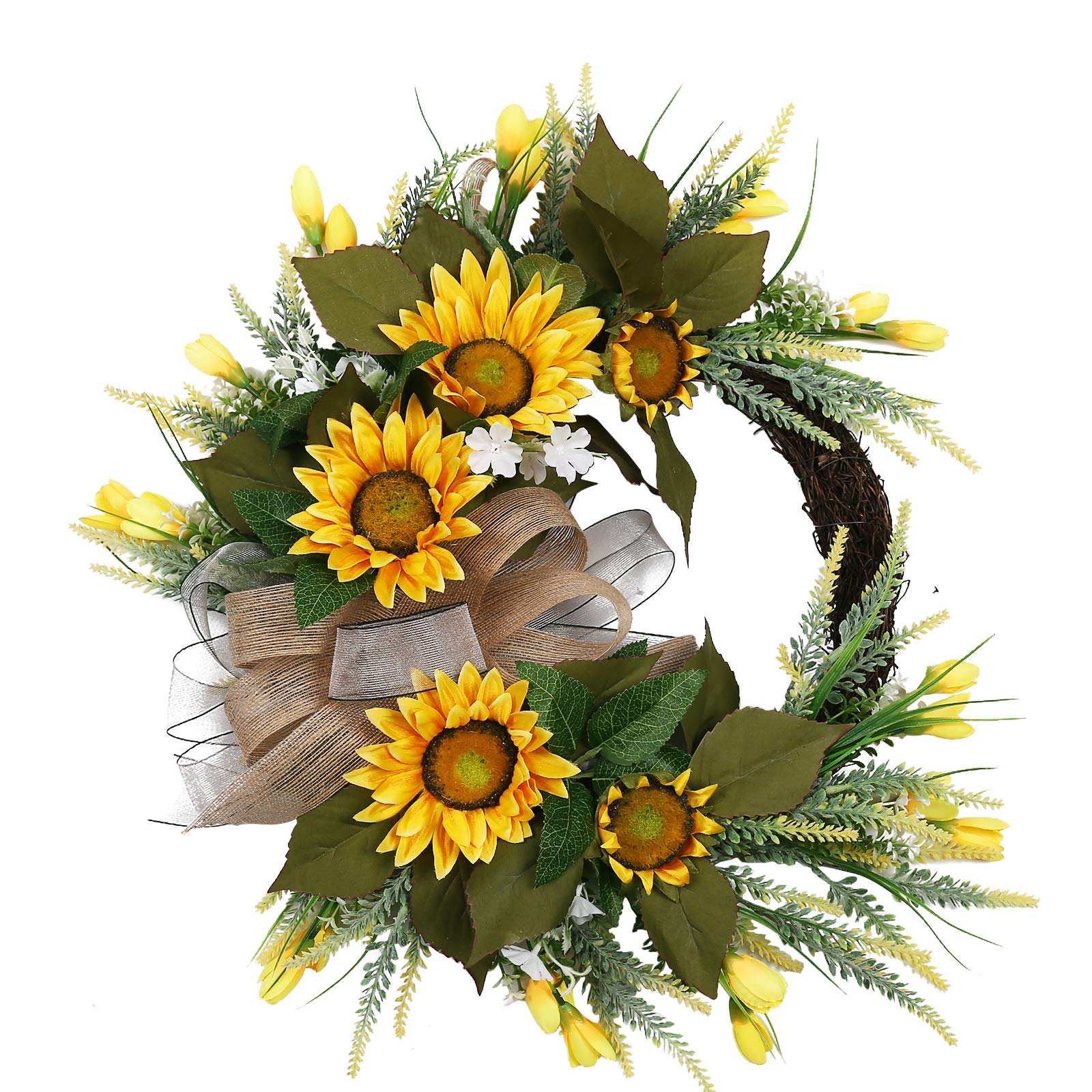U'Artlines Artificial Sunflower Wreath Hanging Autumn Front Door Garland for Home Party Window Wall Decoration (20'' with Bowknot)