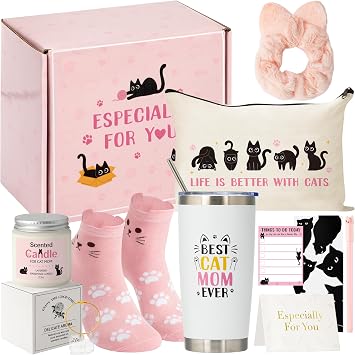 Xqumoi Cat Mom Gifts for Women - Cats Lover Gift Box for Mothers Day, Birthday, Christmas Cute Kitty Present Set for Crazy Cats Lady Daughters Girls with Tumbler Makeup Bag Paw Socks Bookmark
