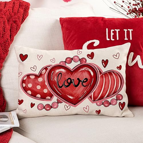 Miniatura 2 de LOMCHEN Funda de almohada para el día de San Valentín de 12 x 20 pulgadas, diseño de lunares, a rayas rojas, corazones de amor, almohadas lumbares,