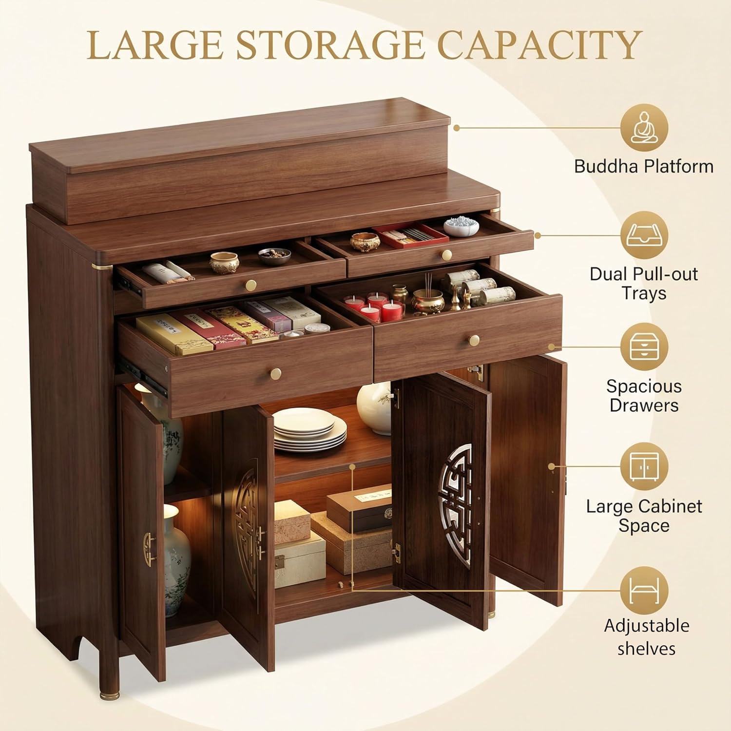 Solid Wood Personal Shrine Altar Table, Prayer Buddhist Niche Incense Table with Storage Cabinet, Buddha Niche Shrine Table, Buddhist Meditation Altar Cabinet (30.7 * 17.7 * 48.8in, Wood)