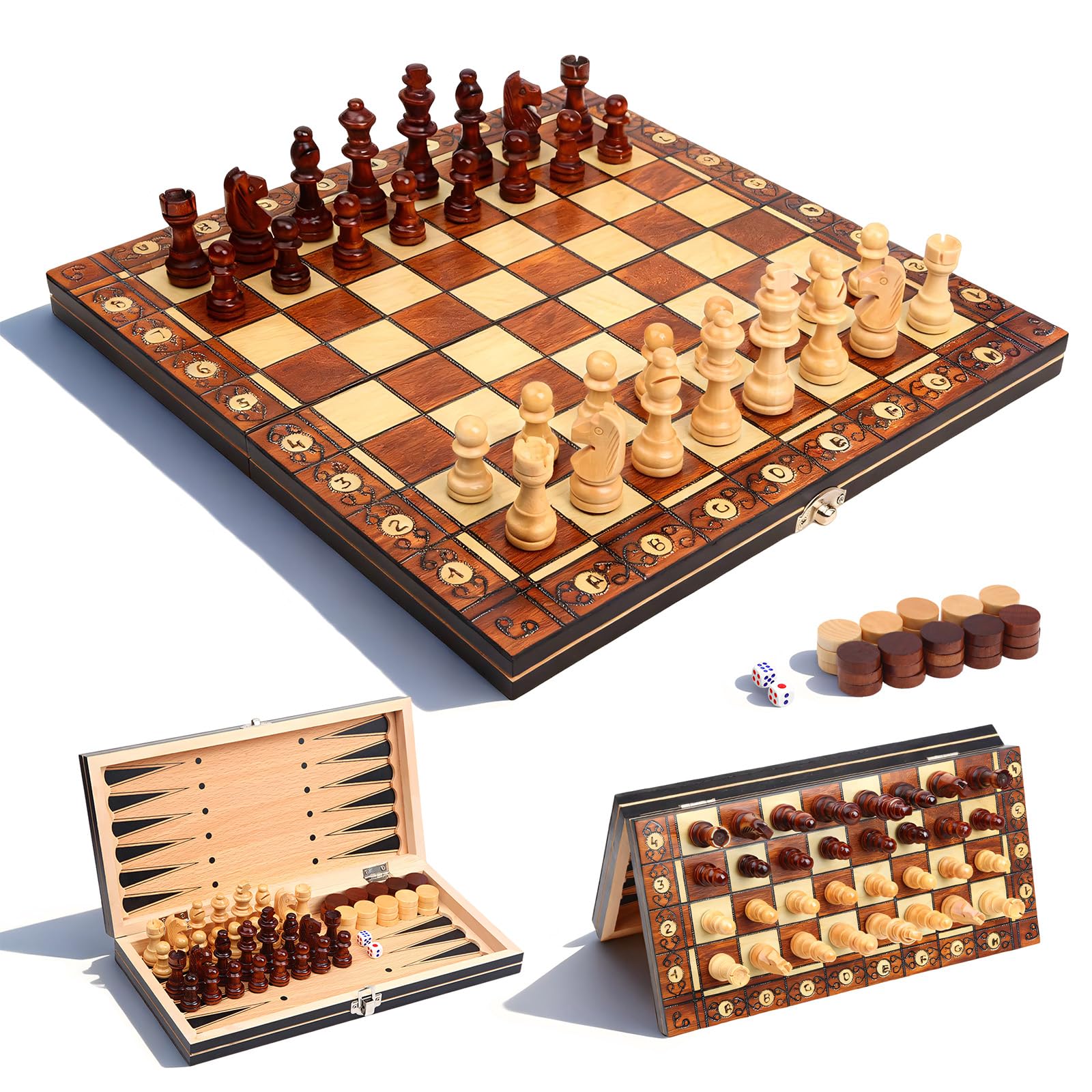 Magnetic Chess Set 3 in 1 Checkers Backgammon, Wooden Chess Board Game for Beginners Travel with Portable Storage Case (29 * 29CM)