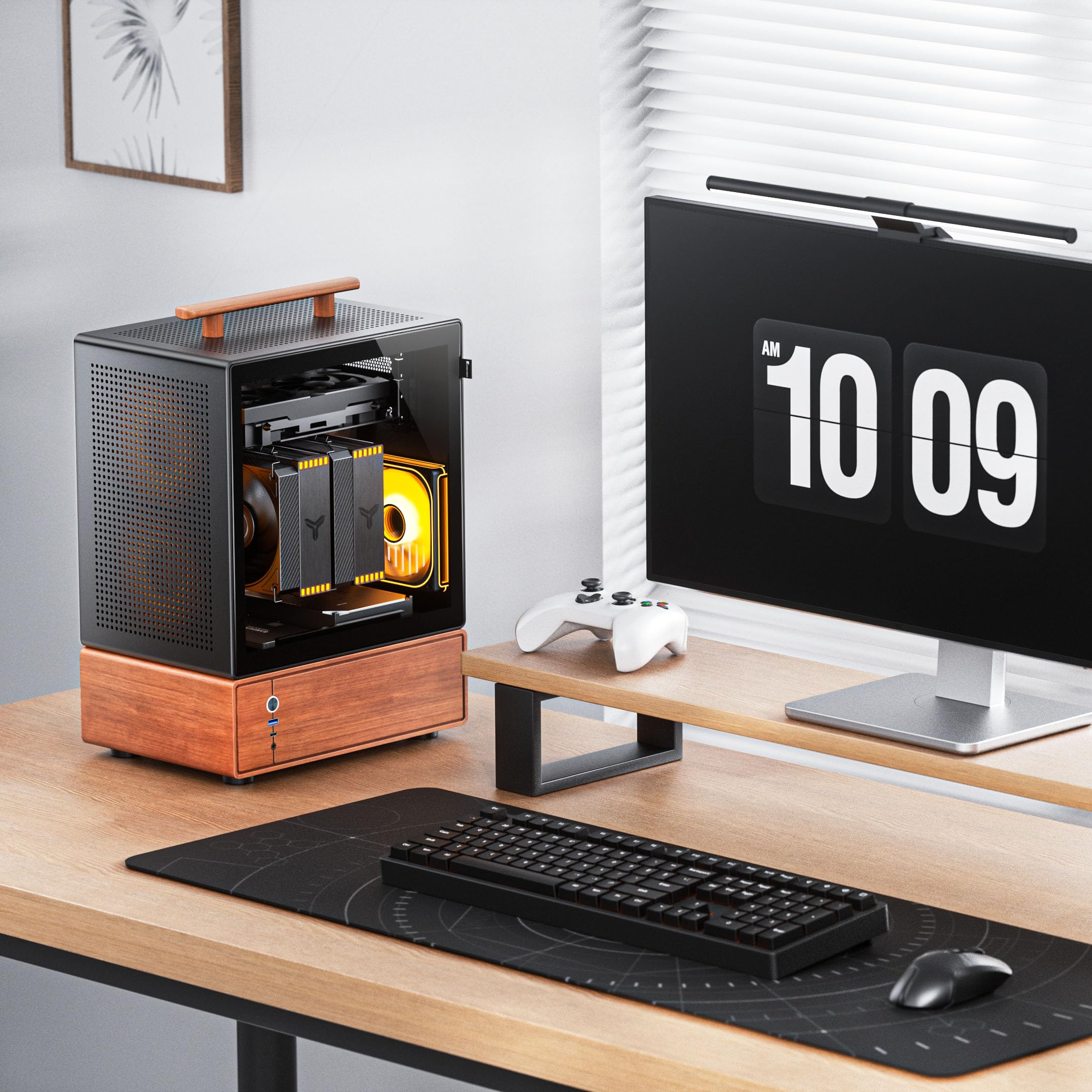 Jonsbo T7 Micro-ATX PC-Gehäuse – Schwarz | mATX Case mit Aluminium & Holzgriff, Tempered Glass, Zwei-Kammer-Design, USB-C