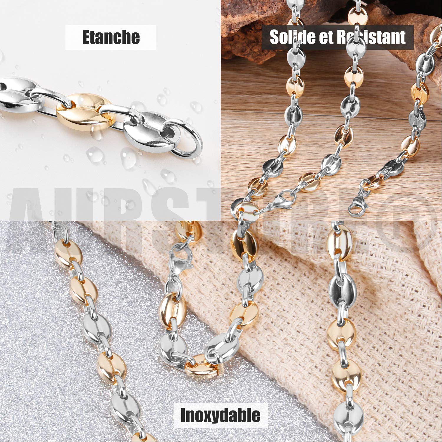 AURSTORE Parure Bracelet ET Chaine Homme Acier INOX Massif Grain DEà café Taille Couleurs AU Choix (9mm, Argenté-Or)
