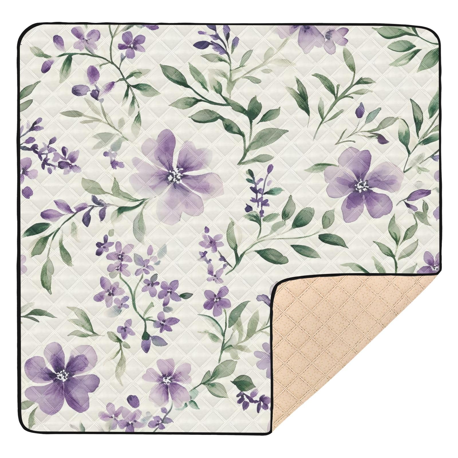 BOESI Watercolor Purple Flower Pattern Baby Play Mat, 50“ X 50” Washable Folding Crawling Mat, Baby Floor Mat, Soft, Thick, Non-Slip