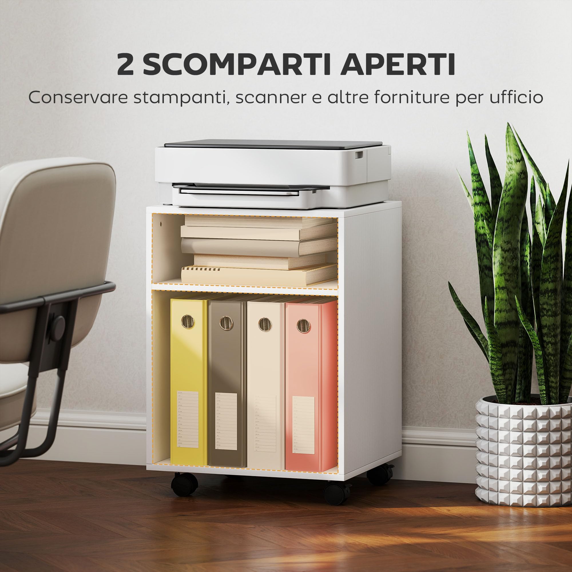 HOMCOM Porta Stampante con Ruote a Freno e 2 Ripiani Aperti, Mobile Stampante Moderno in Legno per Piccoli Spazi, per Ufficio e Studio, 40x35x55.5 cm, Bianco