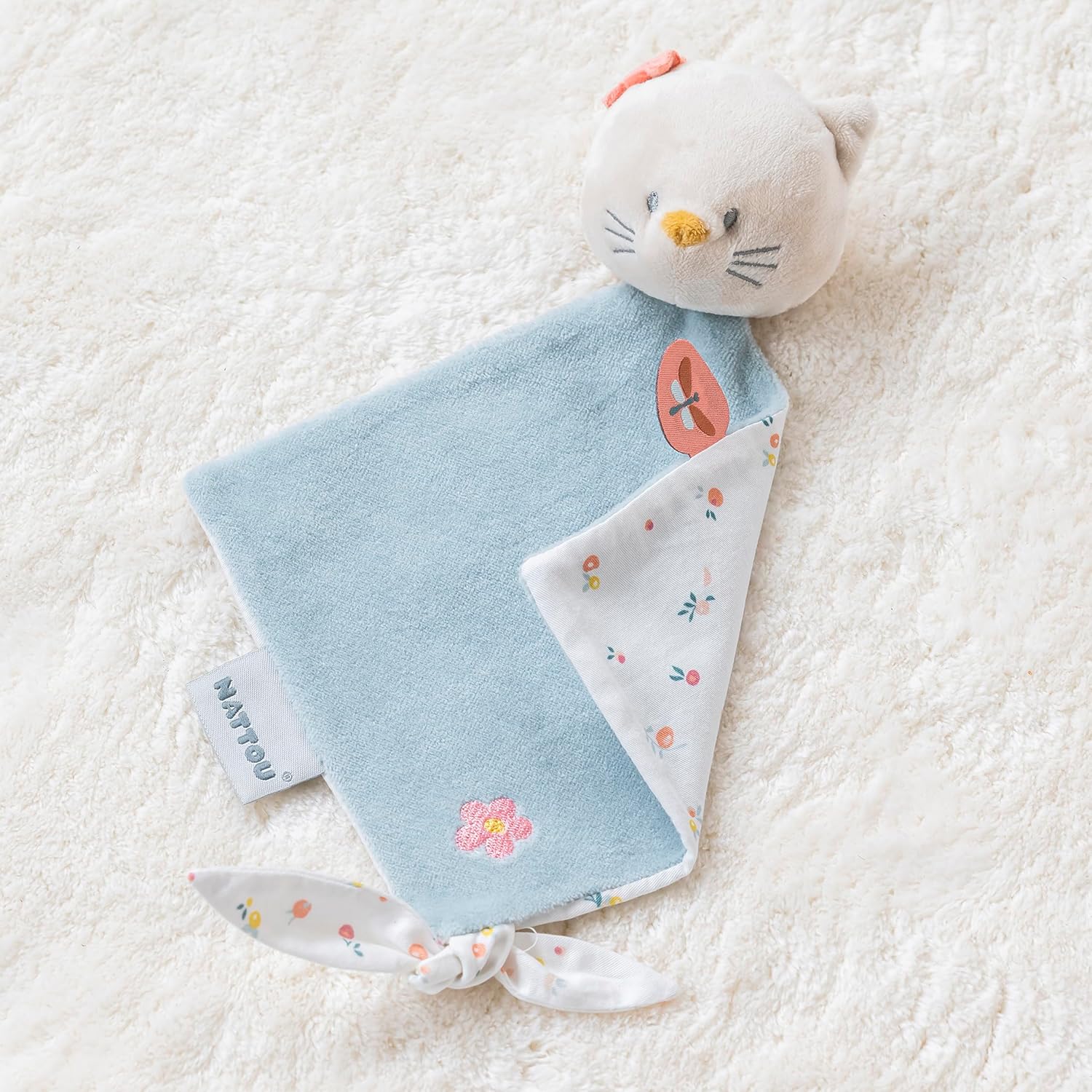 Nattou Lana Le Chat Mini Cotton and Velvet Cuddly Toy for Newborns and Premature Babies Approx. 28 cm Mila, Zoë and Lana, Light Blue