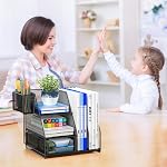 ADO03 Metal Mesh Desk Organizer with File Holder, 2-Tier Paper Letter Tray and one Drawer, 2 Pen Holders & 2 Vertical Magazine Holders for Office Supplies