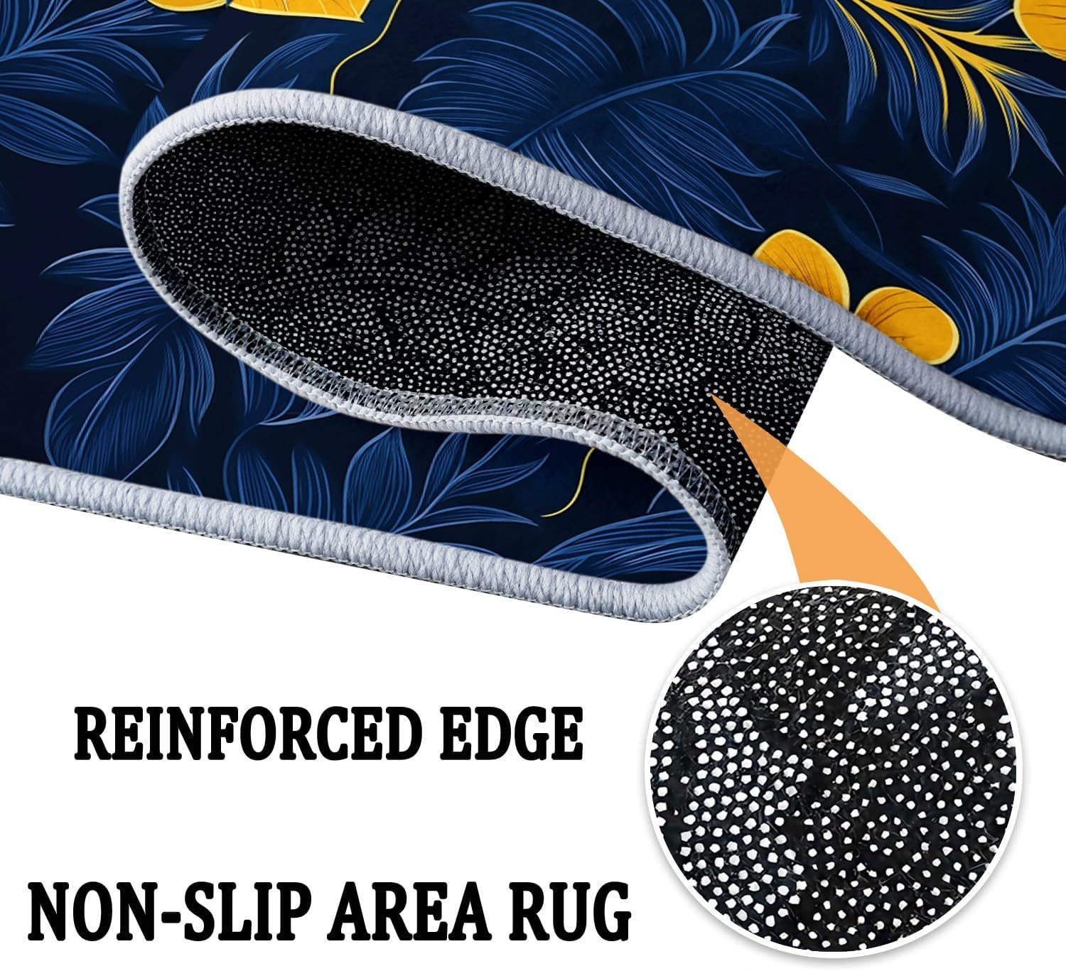 Non-Slip 2 ft Round Area Rug, Tropical Plant Flower Leaves Washable Round Rug Runner - Navy Blue Soft Low Pile Circle Carpet 2' x 2' for Kitchen Entryway Laundry Living Room Dining Room Carpet