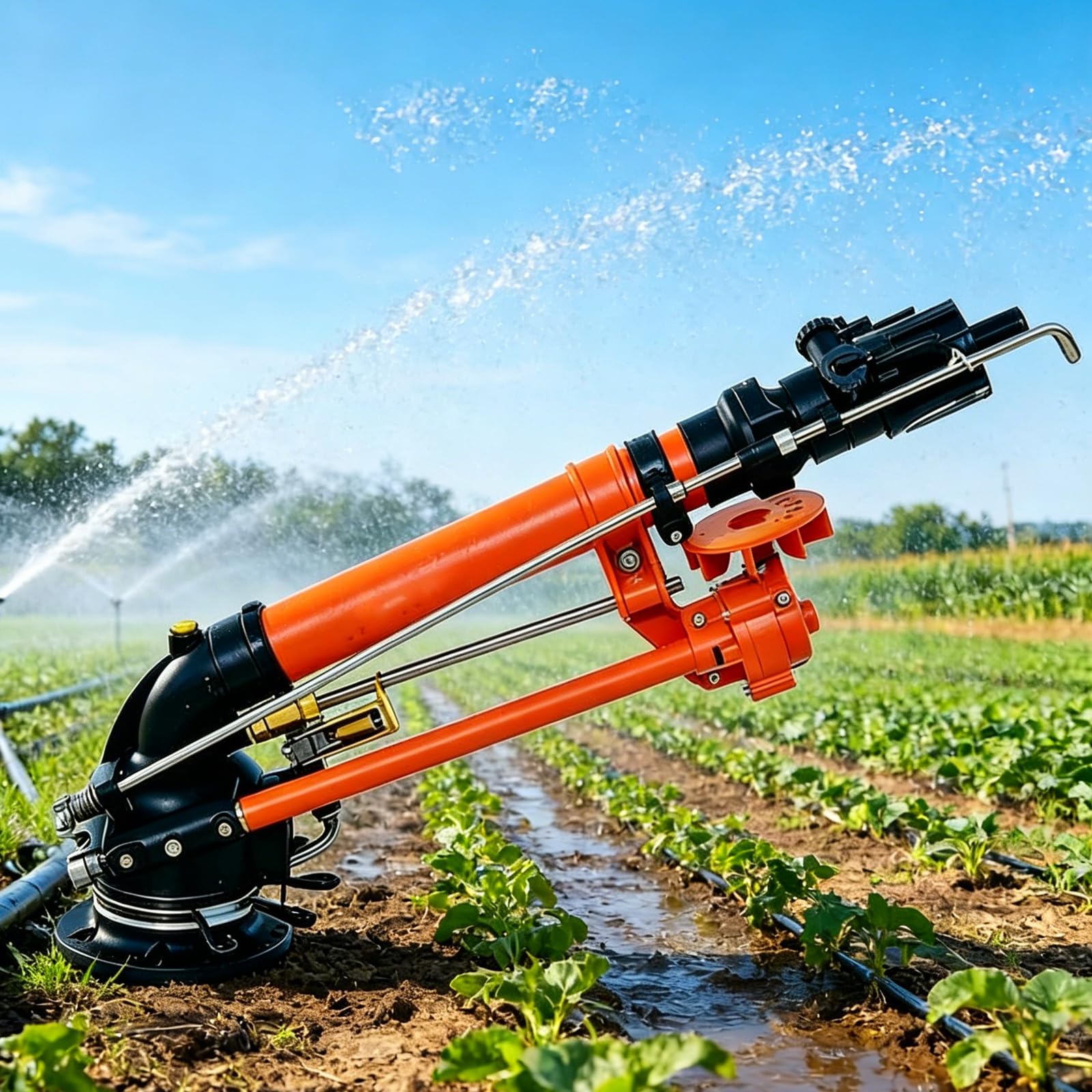 Pistola a turbina per agricoltura e frutteto, attrezzatura per irrigazione resistente, spruzzo a 360°, portata 25-55 m, ugello da 16-22 mm con manometro per irrigazione terreni agricoli