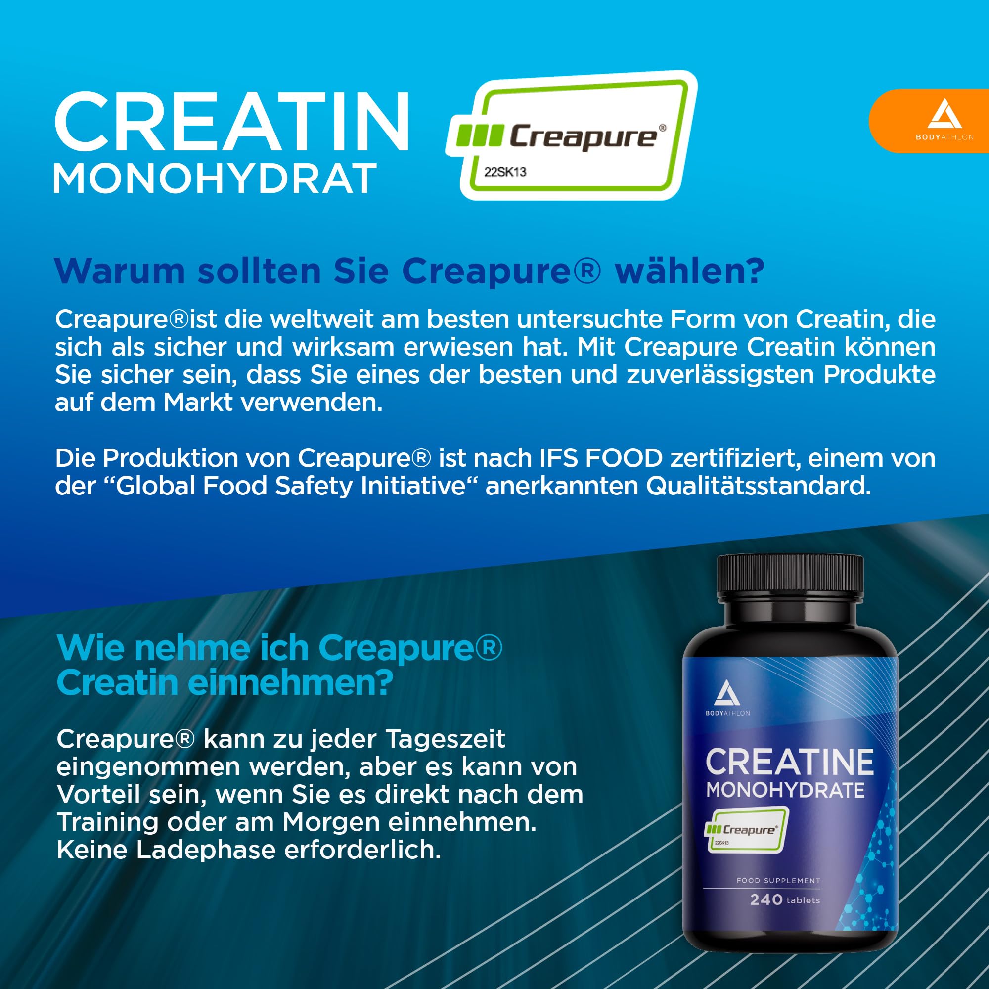 Creatin Creapure 240 tabletten | Kreatin Monohydrat Reines Creapure creatin 3000 mg| Glutenfrei, Vegan, Geschmacksneutral | 240 kreatin kapseln monohydrat Creapure | Bodyathlon