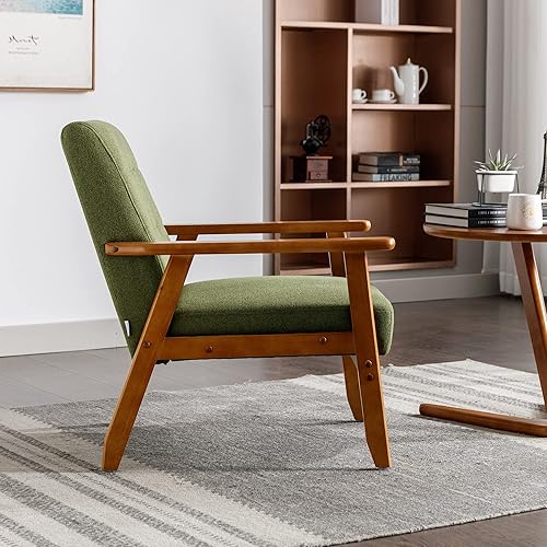 Miniatura 8 de Krinana Silla decorativa de lino de mediados de siglo con marco de madera maciza, cómodo sillón de un solo lado para sala de estar, dormitorio,