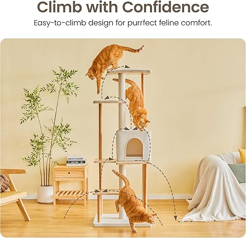Miniatura 9 de MWPO Árbol moderno para gatos, torre de madera de lujo de 63 pulgadas para gatos de interior, perchas grandes con cojines suaves, condominio para