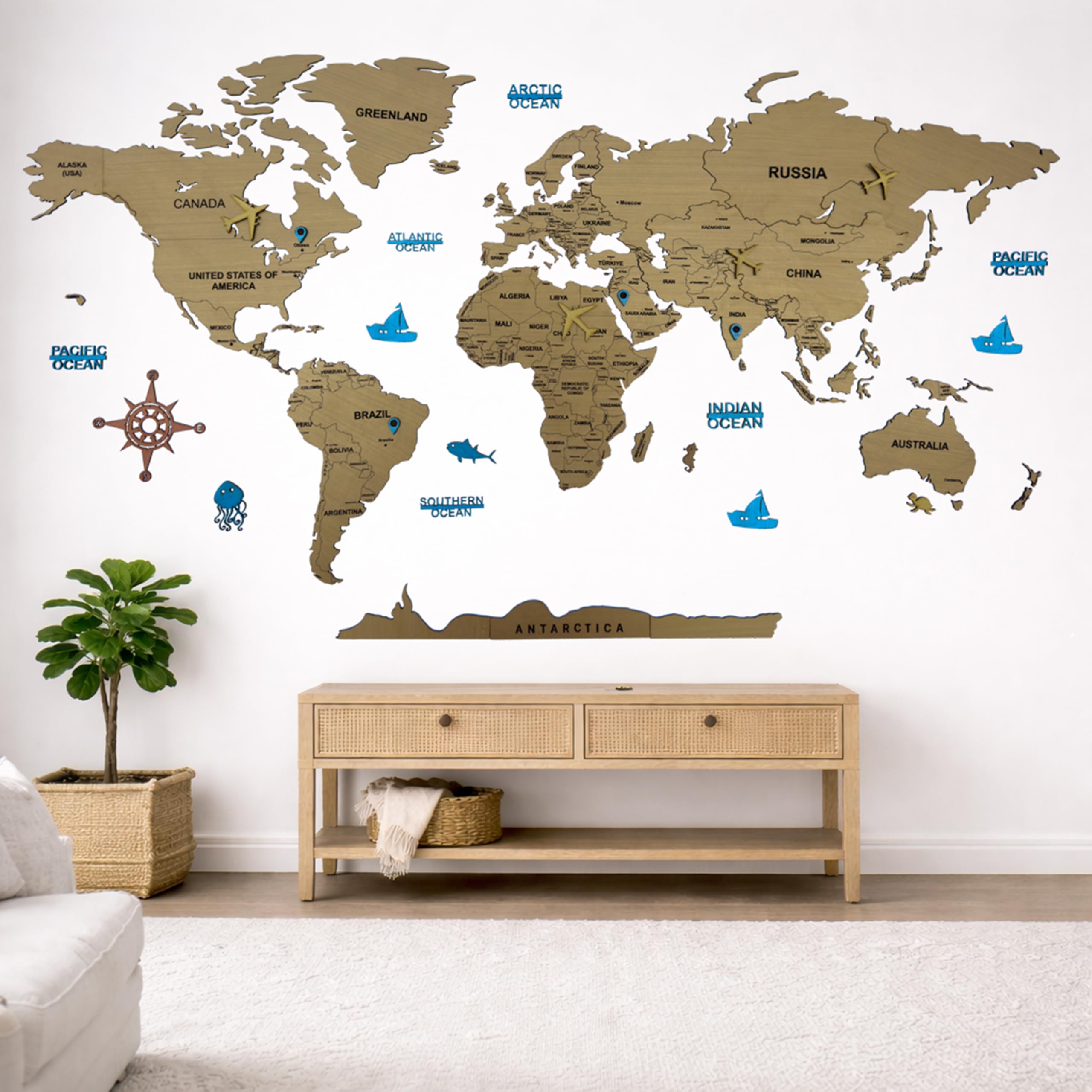 Elk 3D Wooden World Map Wall Decor - Metallic Teak Brown Color - Perfect Home Decor for Travel Enthusiasts Size:L (156x89CM)-image-12