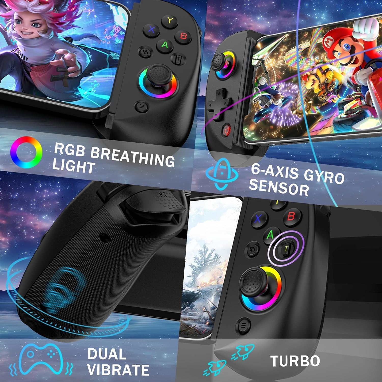 Manette de jeu pour iPad/Tablette, manette de jeu sans fil pour iPhone, manette télescopique Bluetooth RGB pour Android/iOS/PC/Smart Phones pour 13-25cm Parfait pour COD/Genshin, Direct Play (blanc)