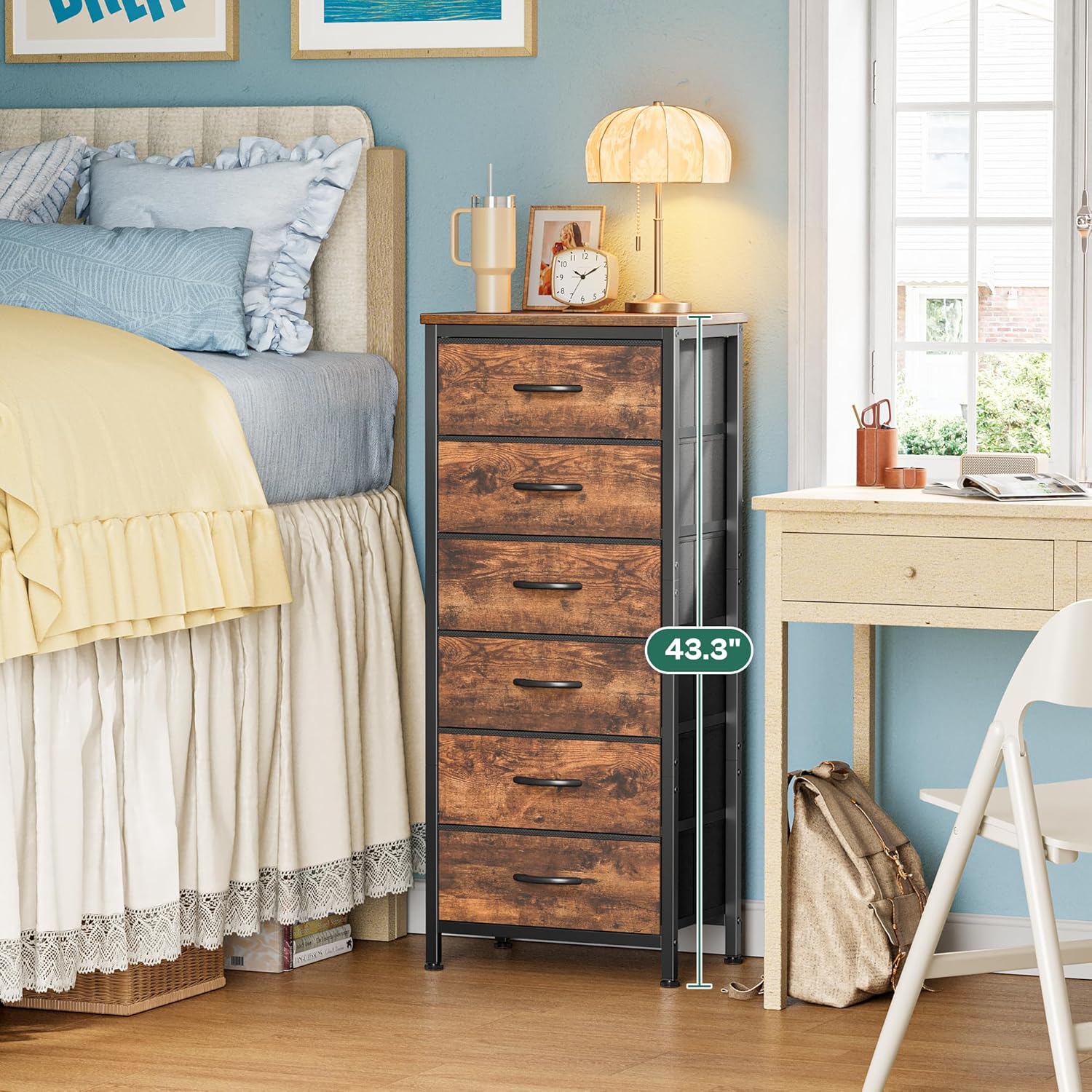 Huuger 43.3 Inch Tall Dresse for Bedroom, 6 Drawer Dresser & Chests of Drawers, Fabric Dresser for Closet, Bedroom, Night Stand, End Table with Metal Frame, Storage Tower, Rustic Brown