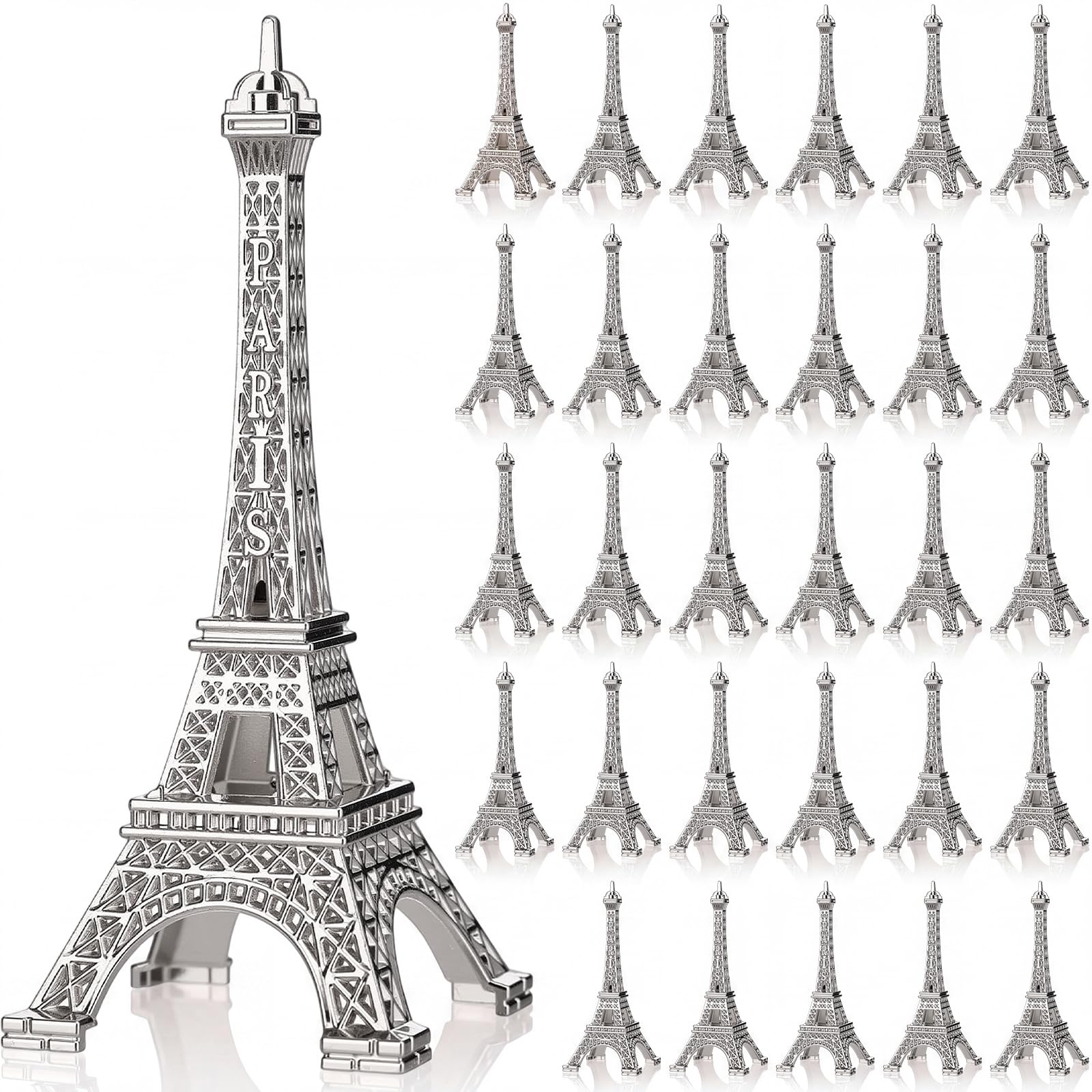 Yerliker 30 Pcs 3" Eiffel Tower Statue Silver Metal Eiffel Tower Model Figurine Paris Themed Decor for Souvenir Photo Prop Cake Topper Table Party Home Decor Gift Christmas Ornaments