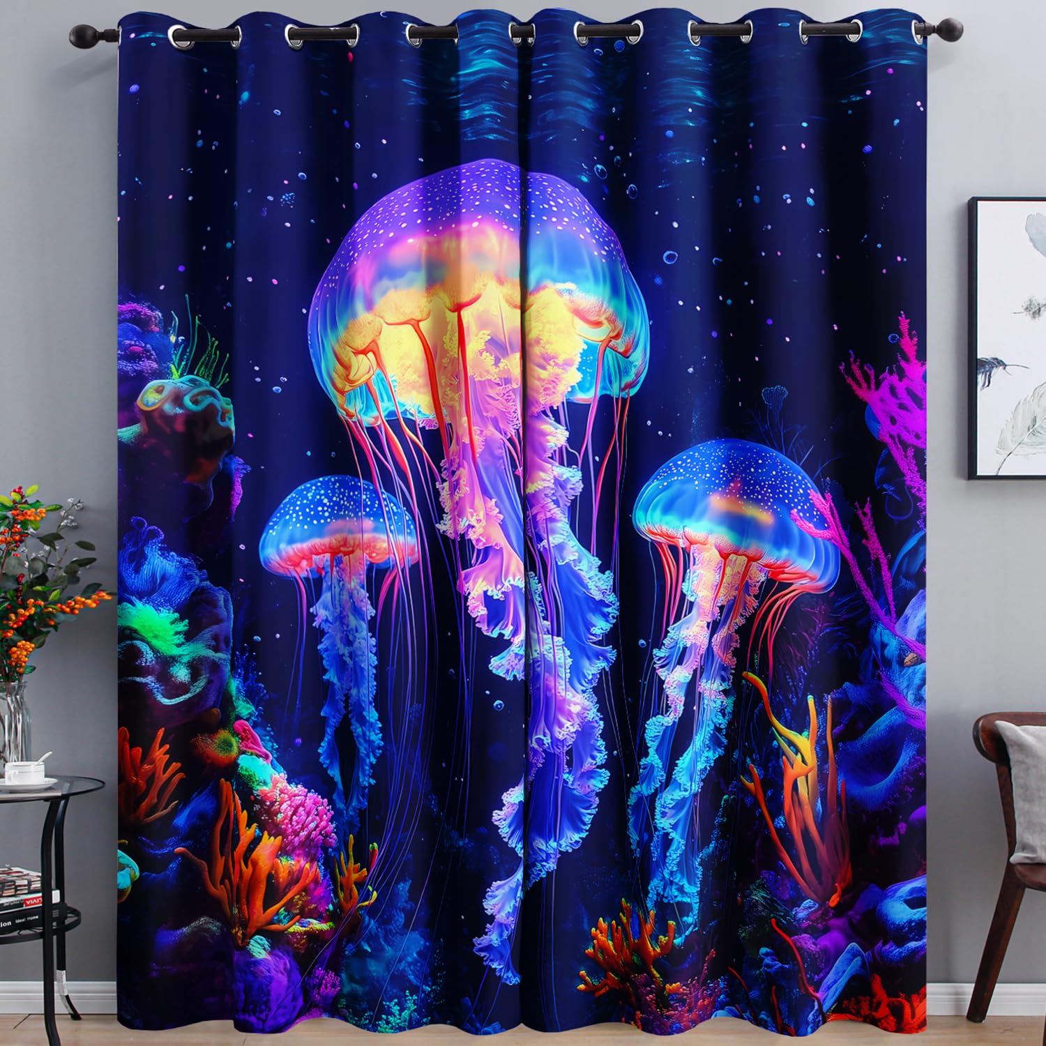 AILONEN Jellyfish Window Curtain,Coral Jellyfish Print Window Treatments Drapes for Kids Teens,Ocean Animal Print Drapes Curtains for Bedroom Living Room, 52
