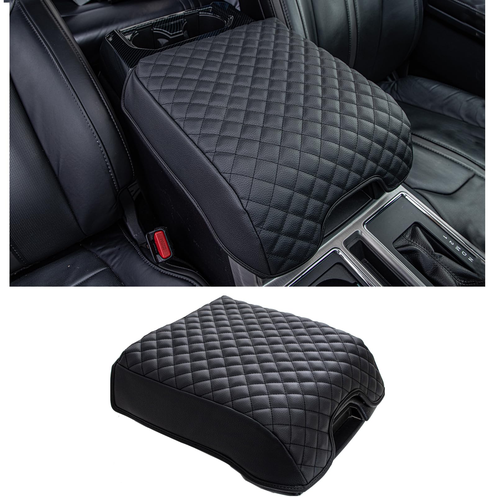 JDMCAR Center Console Cushion Compatible with 2015-2020 Ford F150 / 2017-2022 F250 F350 F450 and 2018-2023 Expedition Accessories, Customized PU Leather Armrest Cover Protector (Bucket Seat Only)