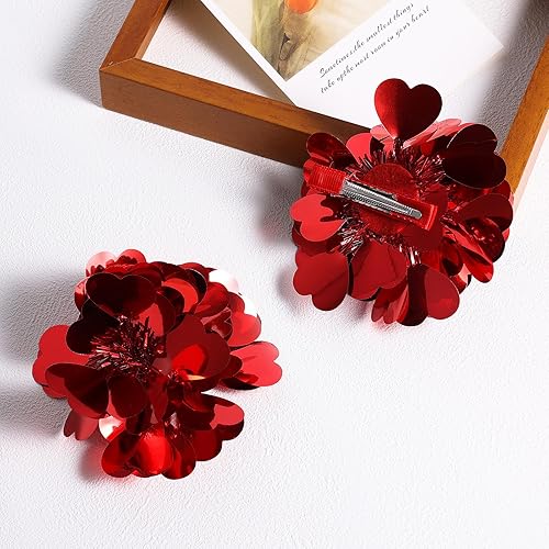 Miniatura 3 de Pinzas para el cabello con pompones de corazón rojo para el día de San Valentín, para mujeres y niñas, con purpurina metálica, lazo de amor,