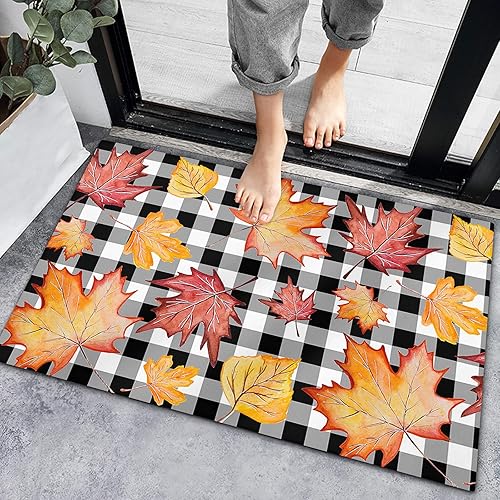 Miniatura 1 de Bath Rugs Entrance Non Slip Front Door Mat Fall Thanksgiving Maple Leaf Kitchen Carpets Leaves Black White Plaid Floor Mats for Bathroom Bedroom