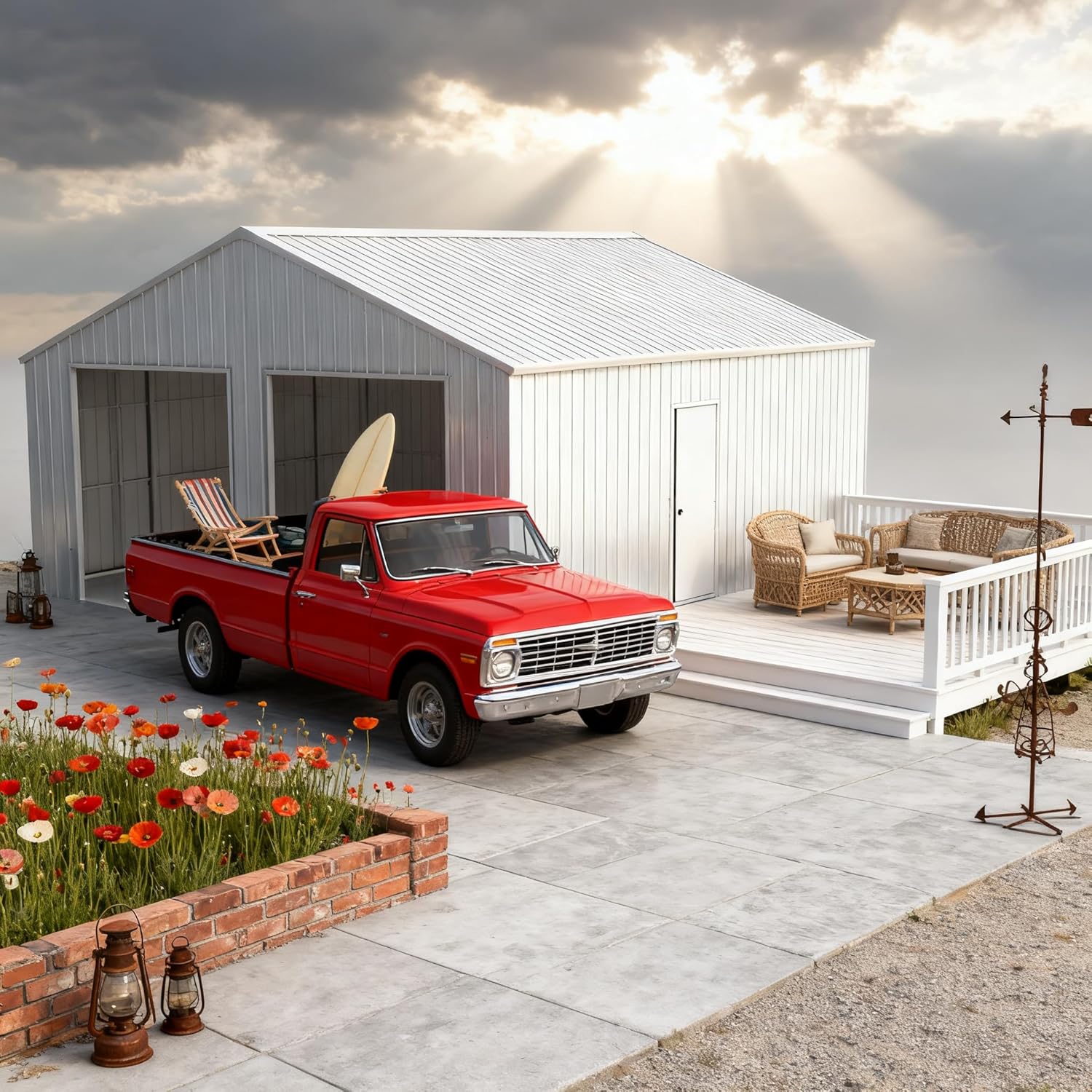 33FT x 25FT Metal Carport, Outdoor Storage Shed with Dual Doors, Garage Kit with Reinforced Steel Structure for Cars, Barn, Boats, Trucks and Equipment Storage, Cream