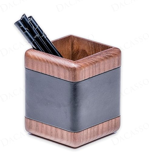 Dacasso Portavasos para lápicesbolígrafos de cuero negro y nogal para escritorio, decoración ejecutiva de lujo y organización de oficina esencial