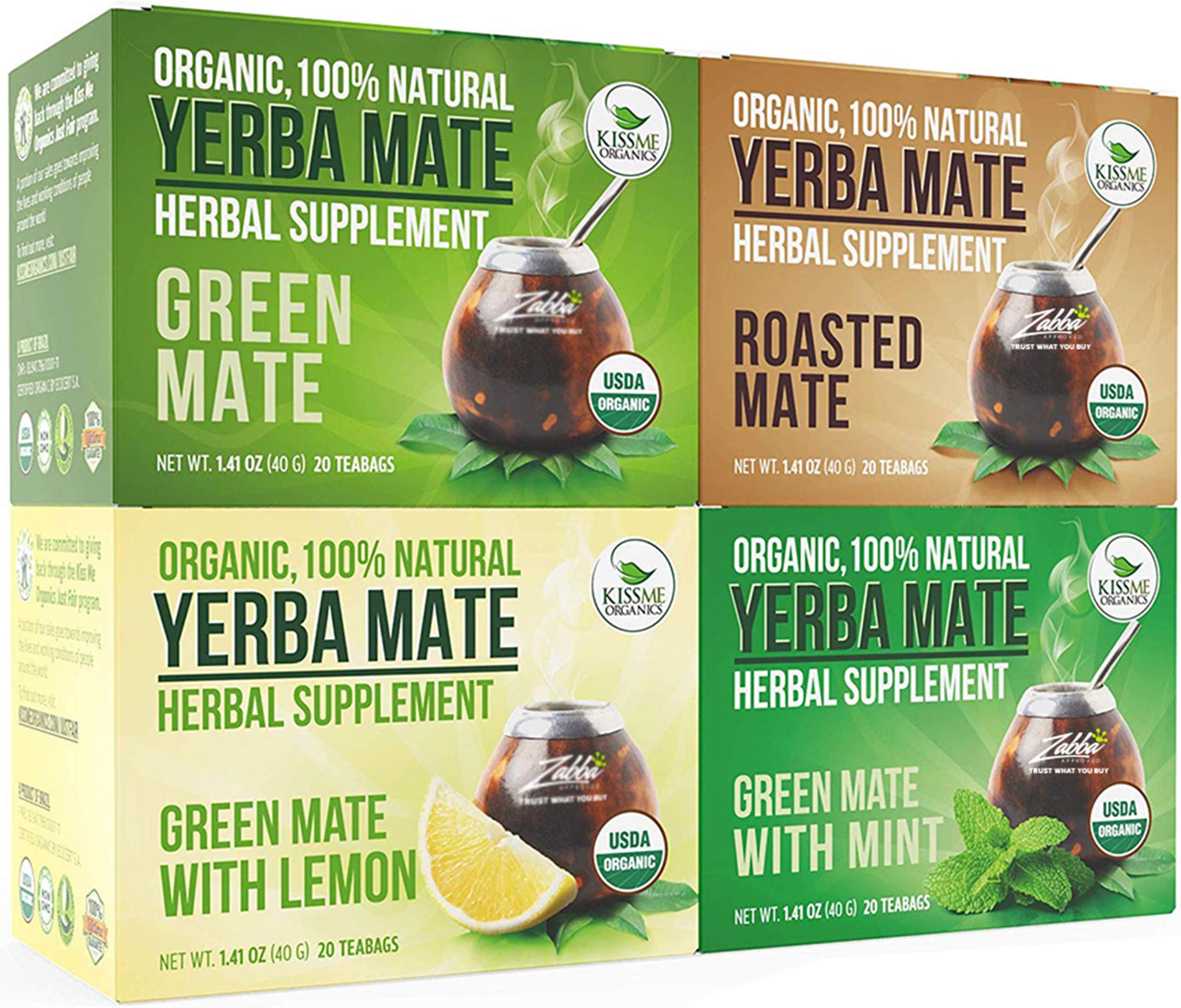 Yerba Mate Variety Pack - Organic Vitamin Infused Natural Detoxifier and Fat Burner - 4 Boxes x 20 Bags Each Box (2 Grams per Bag)