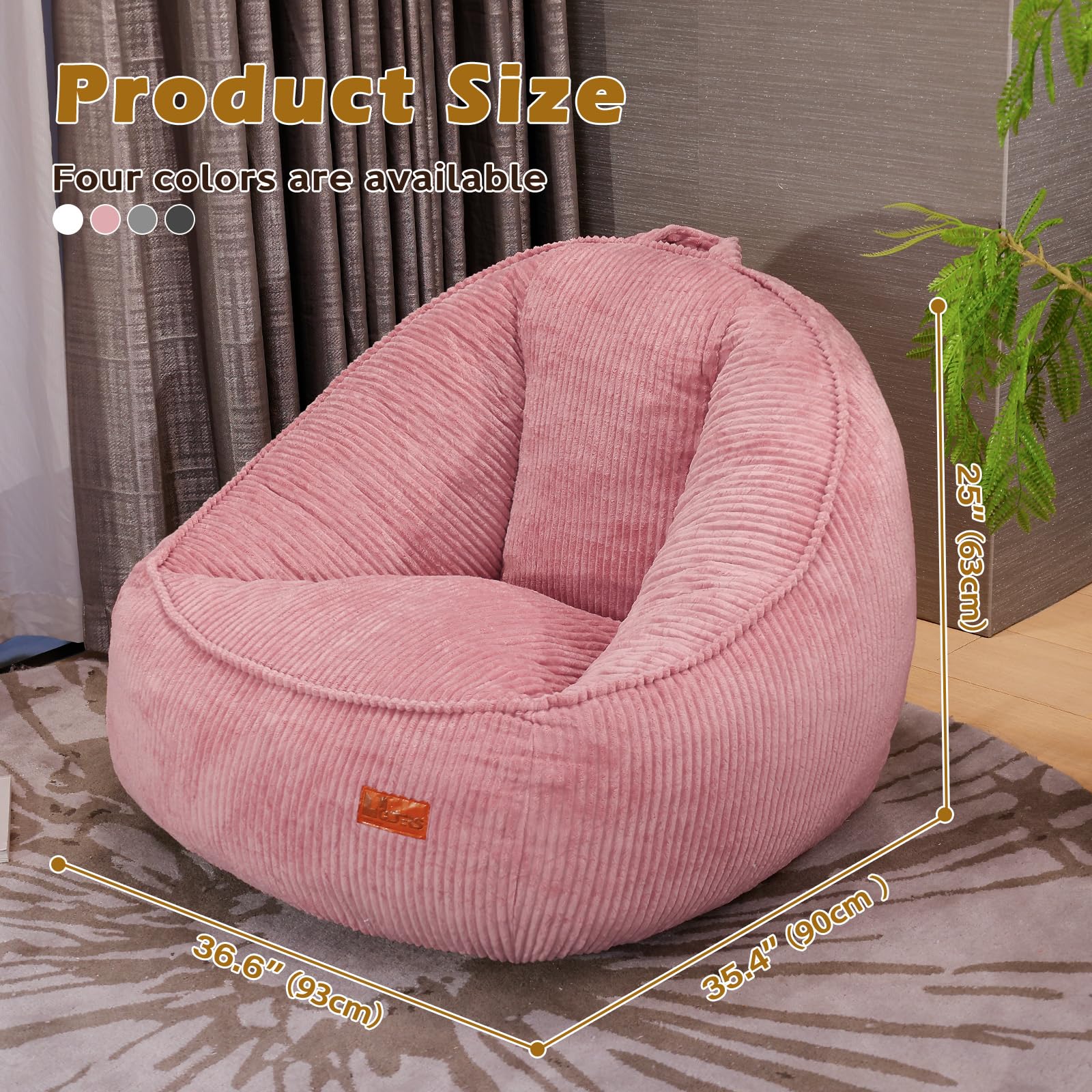 Sitzsack mit Memory-Foam-Füllung, Großer Cord Sitzsack für Erwachsene & Kinder, Bequemer Boneless Bean Bag mit Tragegriff für Wohnzimmer, Schlafzimmer, Gamingzimmer, Büro & Balkon(Rosa-M)