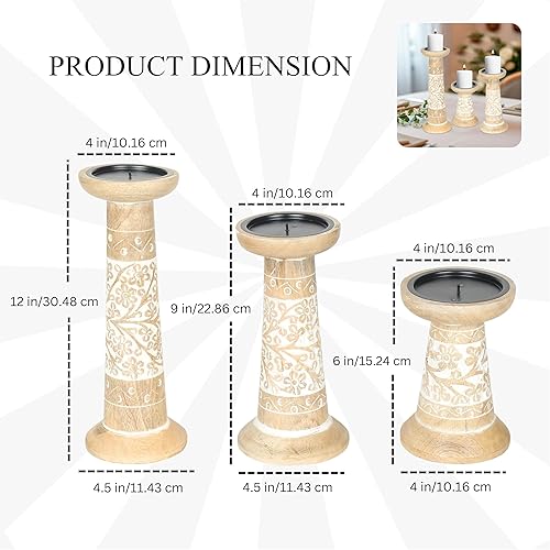 Miniatura 2 de Portavelas de pilar de madera tallada a mano, juego de 3, estilo decorativo tallado, hecho de madera de mango, decoración rústica de centro de mesa,