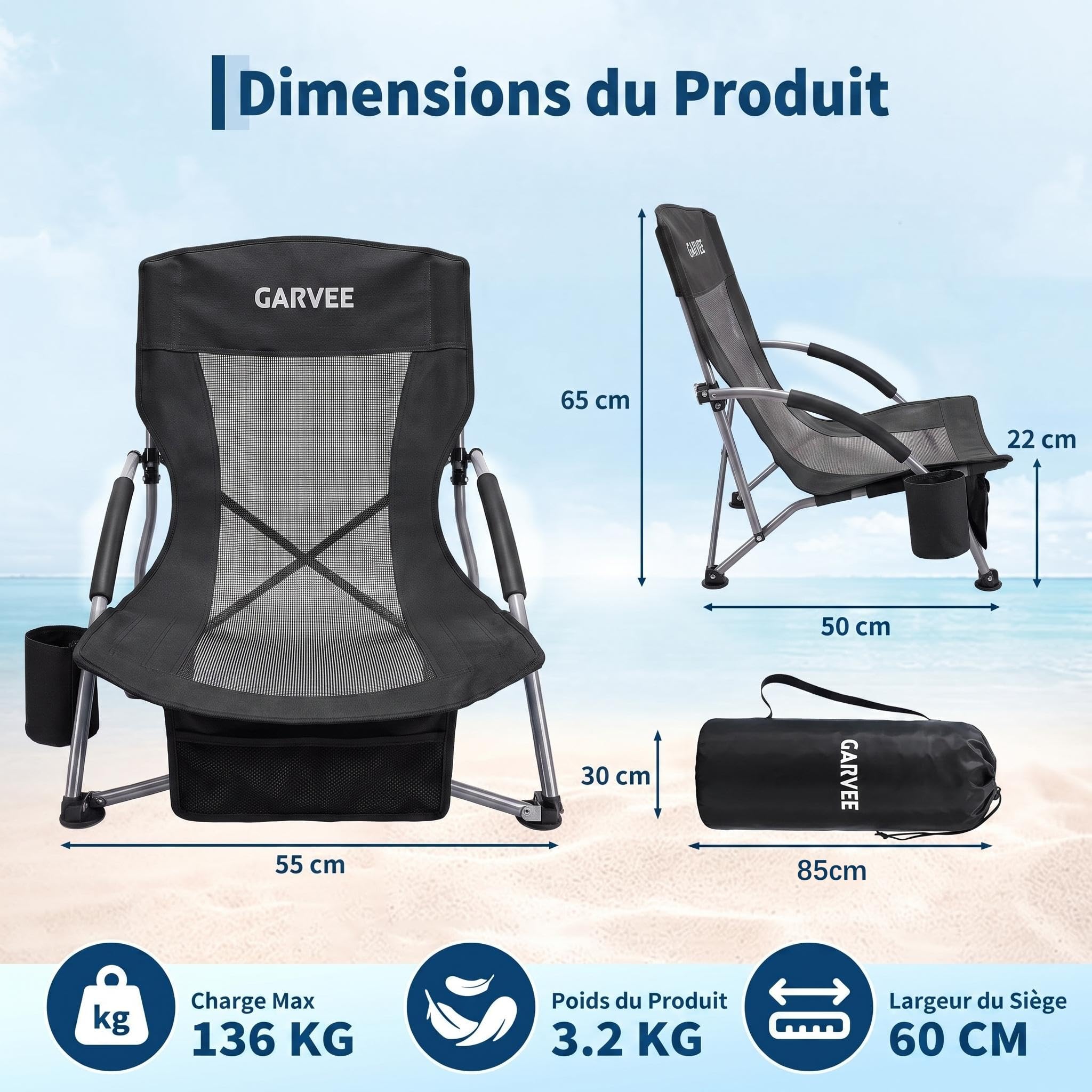 Chaise De Plage Pliante Robuste Et Légère, Haut en Maille Ultralége 2pack | Sangles Sac à Dos, Poche Téléphone, Porte-Gobelet