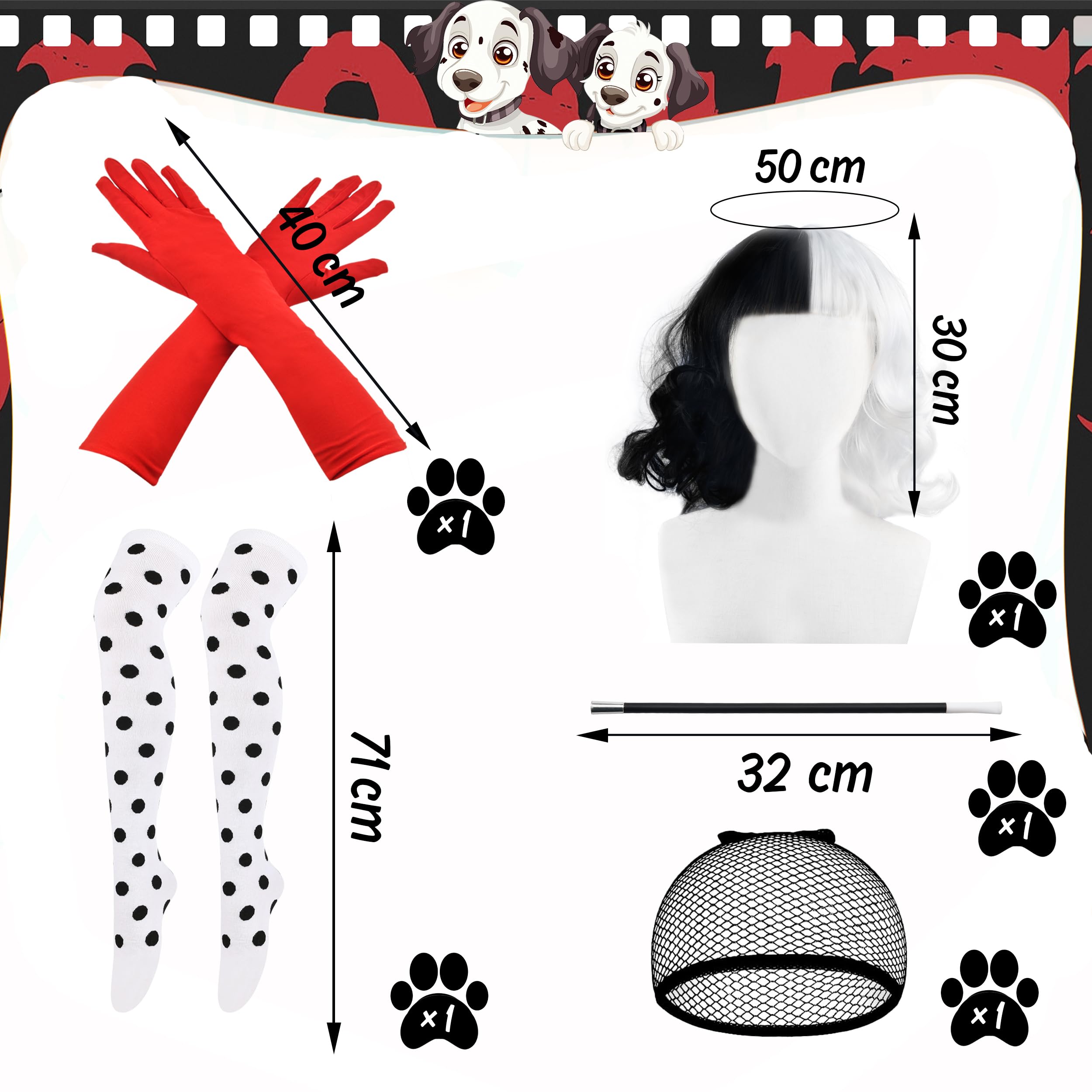 Abitoncc 5 PCS Deville Costume Wig Set,Black & White Wavy Curly Wig Kids Girls, Red Gloves, Spot Stockings - Image 2