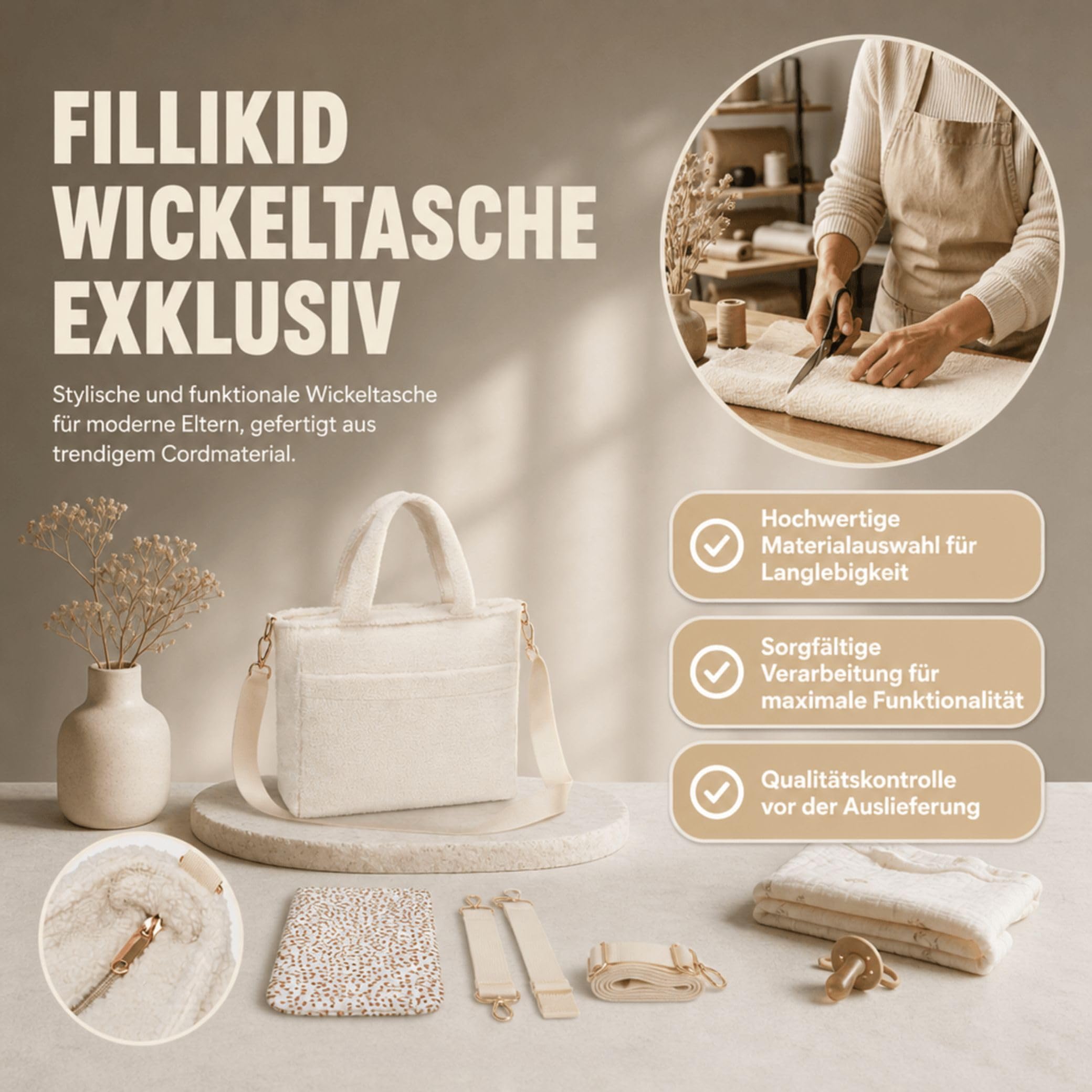 Fillikid Wickeltasche Teddy Big Exklusiv | Stilvolle Wickeltasche aus weichem Teddy-Material | Mit goldenen Details Wickelauflage, Schultertragegurt & Befestigungshaken für Kinderwagen und Buggys