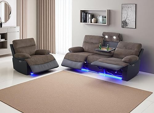 Miniatura 51 de Juego de sofá para sala de estar, sofá de dos plazas con consola de almacenamiento, portavasos, luz LED, puerto USB para apartamento, oficina