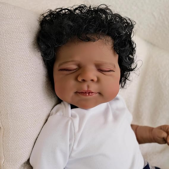 Angelbaby Real Life Baby Black Boy Reborn Doll,19 Inch Realistic Sleeping Newborn African American Doll Silicone Full Body Washable Biracial Poseable Babies with Brown Skin Child Dolls Toys