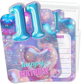 11th Blue Balloon Birthday Invitations for Girls, Eleventh Birthday Party Fill In Invitations with Envelopes, 30Pcs, 5x7 Inches