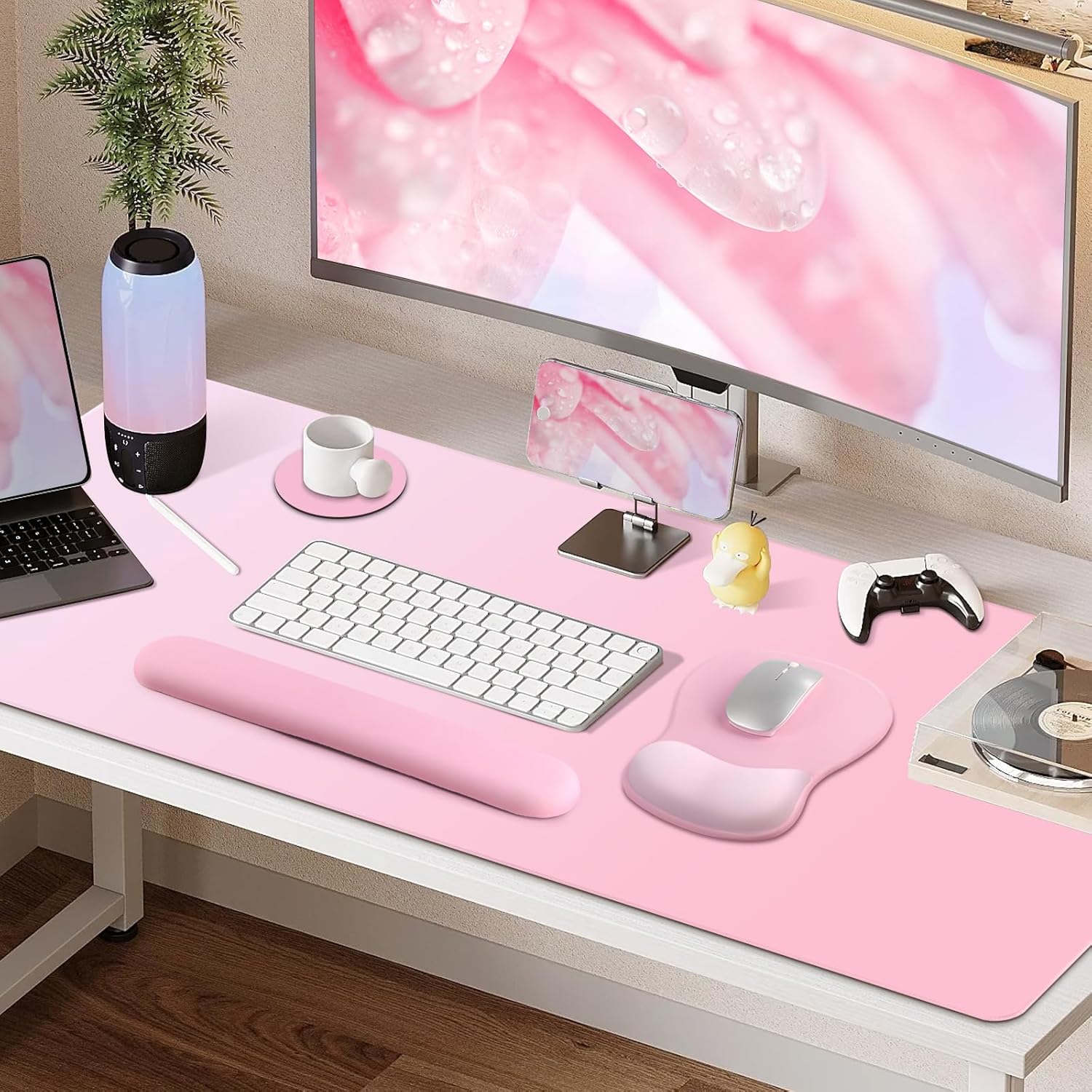 4-in-1 Large Gaming Mouse Pad, Keyboard Wrist Rest Pad & Wrist Support Mousepad Set, Extended Desk Pad Waterproof Desk Mat for Girl Women Home Office Decor Study Game 35.4×15.7 Inches I Soft Pink
