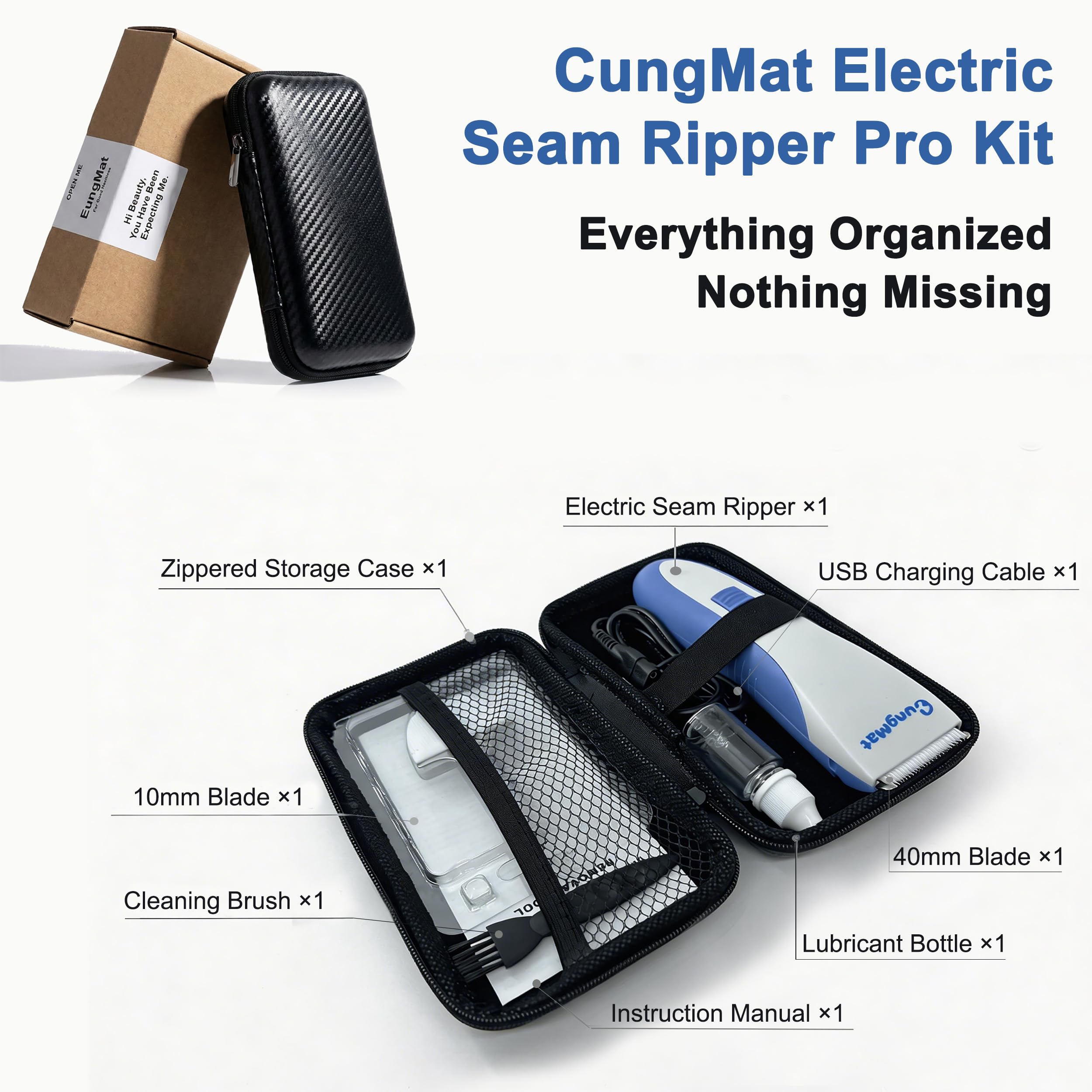Kit eléctrico de desgarrador de costuras profesional con estuche de almacenamiento, removedor de puntadas recargable para bordado y acolchado, máquina desgarradora de costuras inalámbrica USB