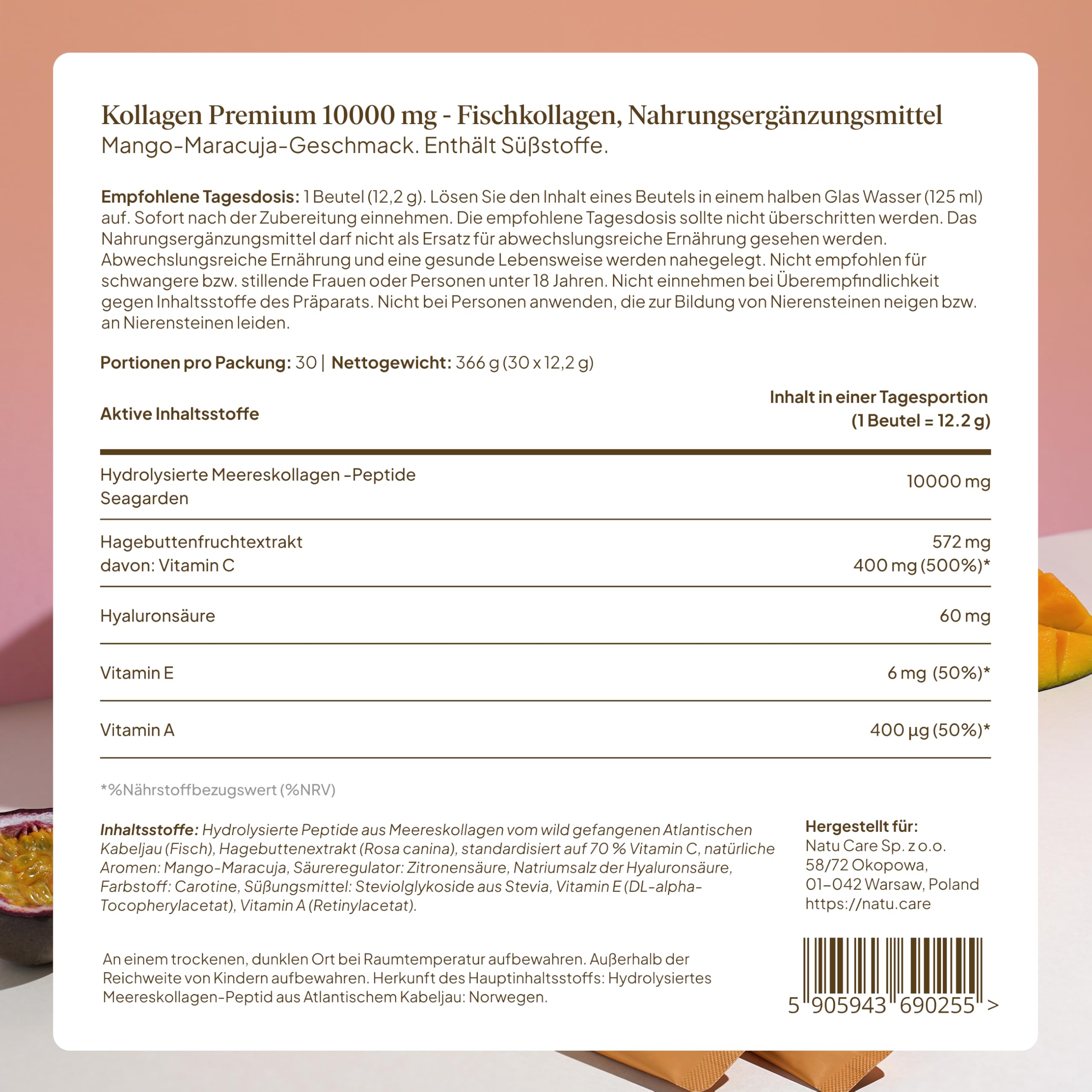 natu.care - Poudre de collagène de qualité supérieure 10 000 mg - Poudre de collagène - Poudre de collagène - Protéines vitales peptides de collagène - 100% naturel - Hydrolysat de collagène marin -